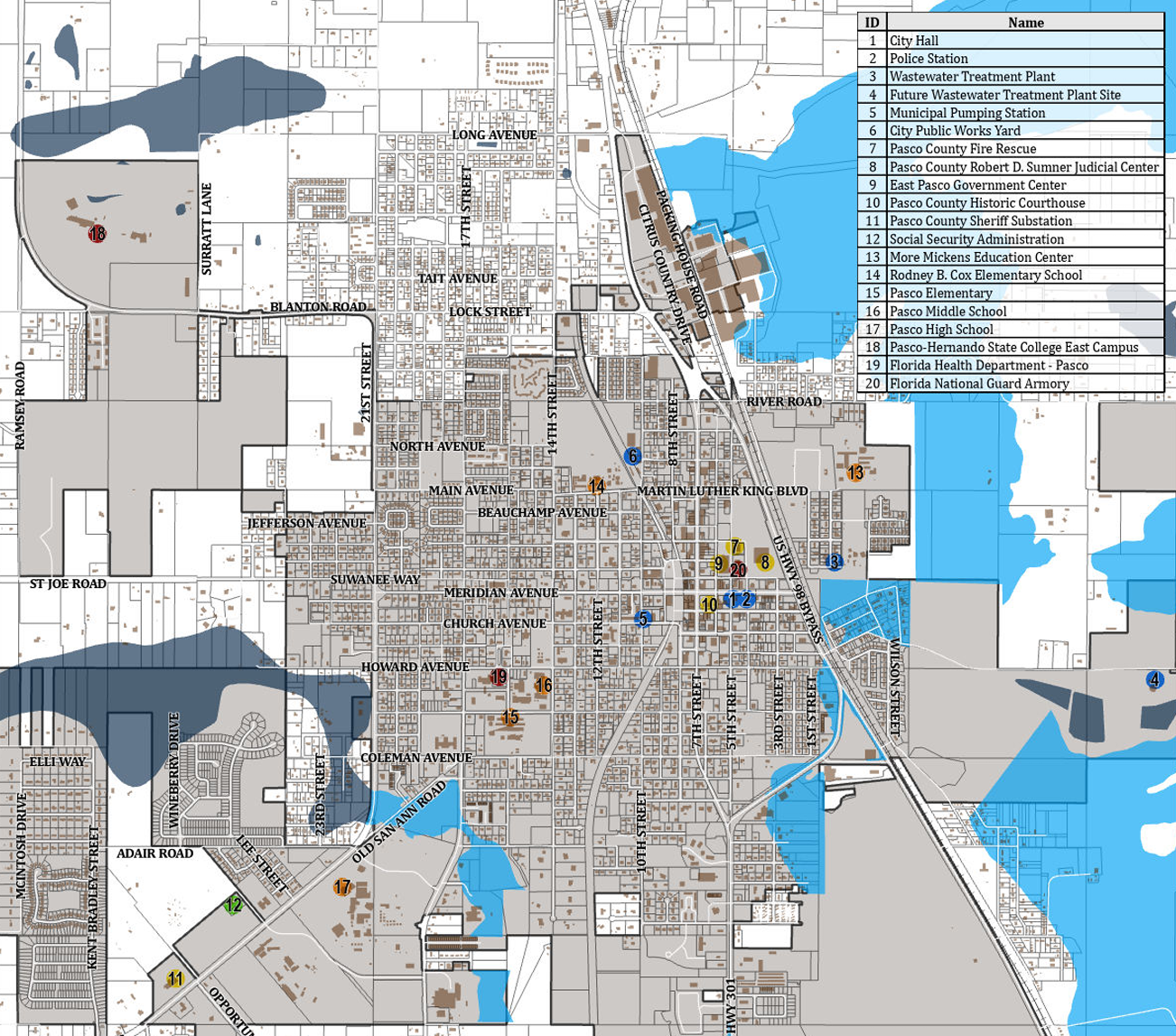 A map of Dade City, Florida highlighting key locations including government buildings, schools, and public facilities with a legend. Roads, water bodies, and areas are labeled.