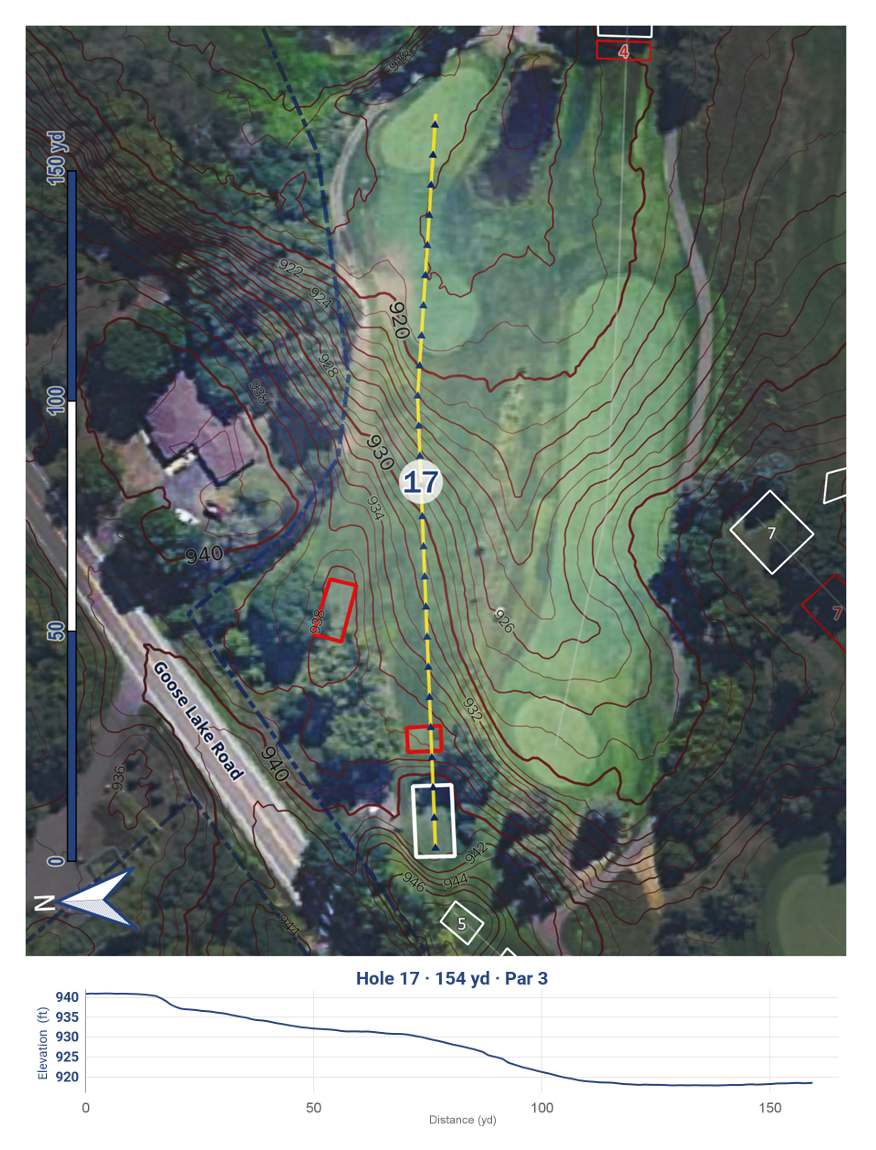Top-down aerial view of a golf hole map, showing hole 17 on a golf course. The map includes a yellow dashed line indicating the ideal shot path, red and white details marking hazards and features, a contour elevation map with red lines, a north arrow