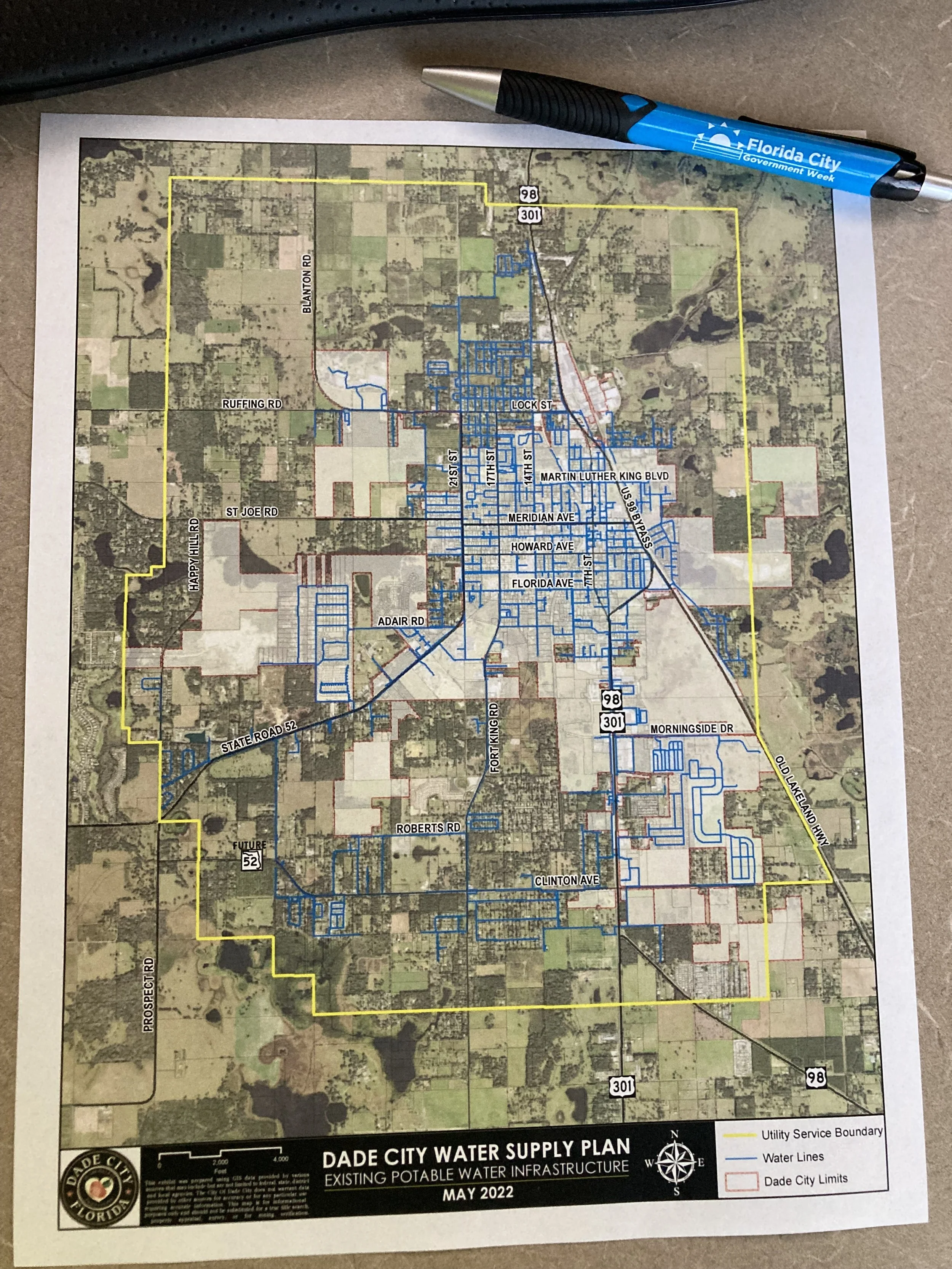 Map of Dade City Water Supply Plan, showing utility service boundaries in yellow, water lines in blue, and city limits in red, with streets labeled and included in the map.