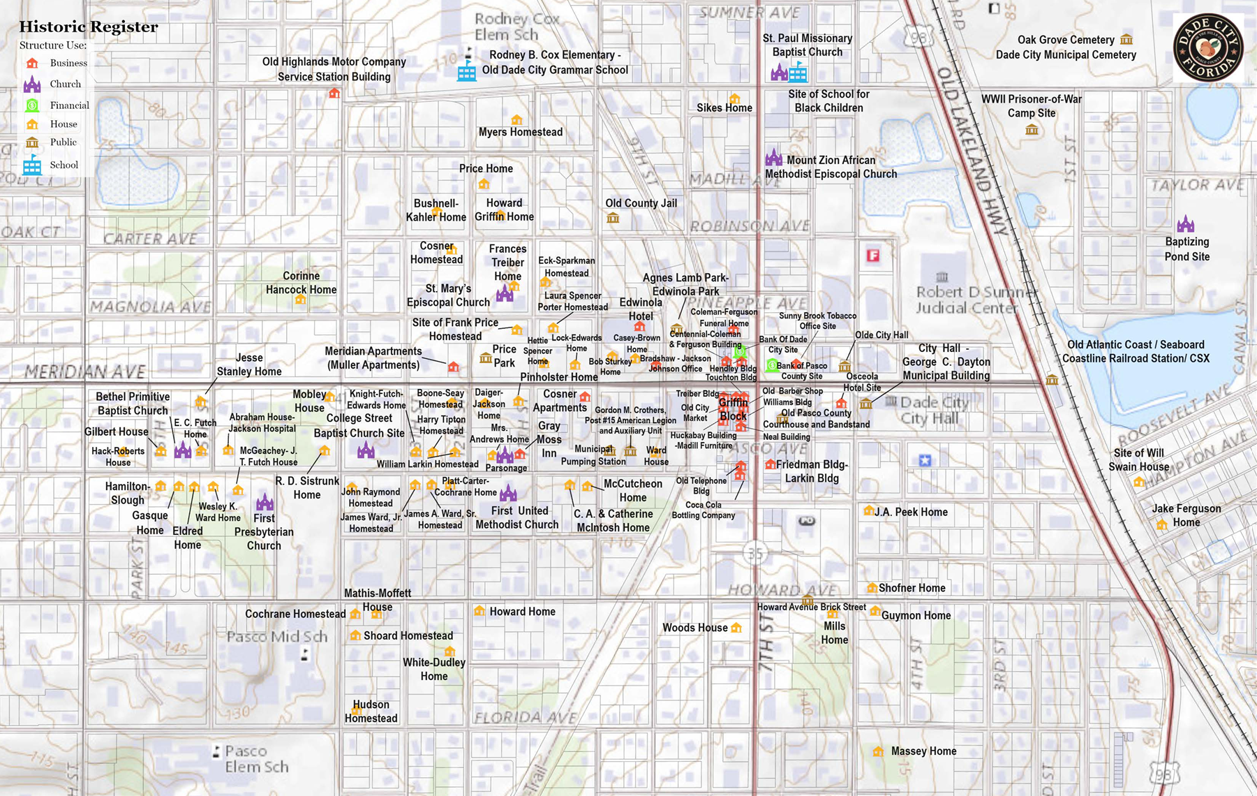 A detailed historical map of a city, showing landmarks such as churches, schools, homes, and cemeteries, with color-coded icons for different structures and a legend explaining the symbols.