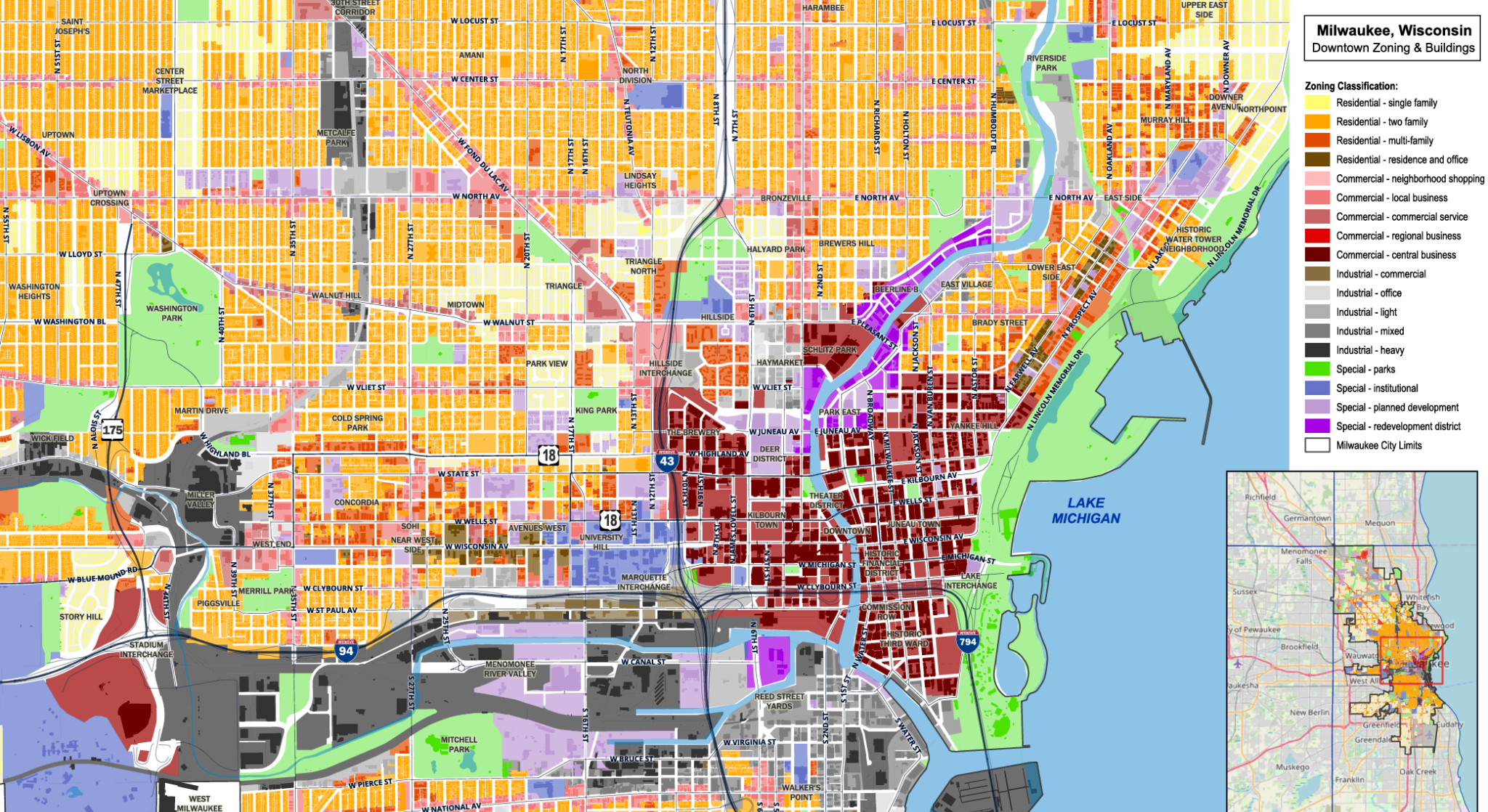 A detailed city map of Milwaukee, Wisconsin, showing downtown zoning and building classifications with various color-coded zones, including residential, commercial, industrial, parks, and special districts, along with street names, highways, and Lake