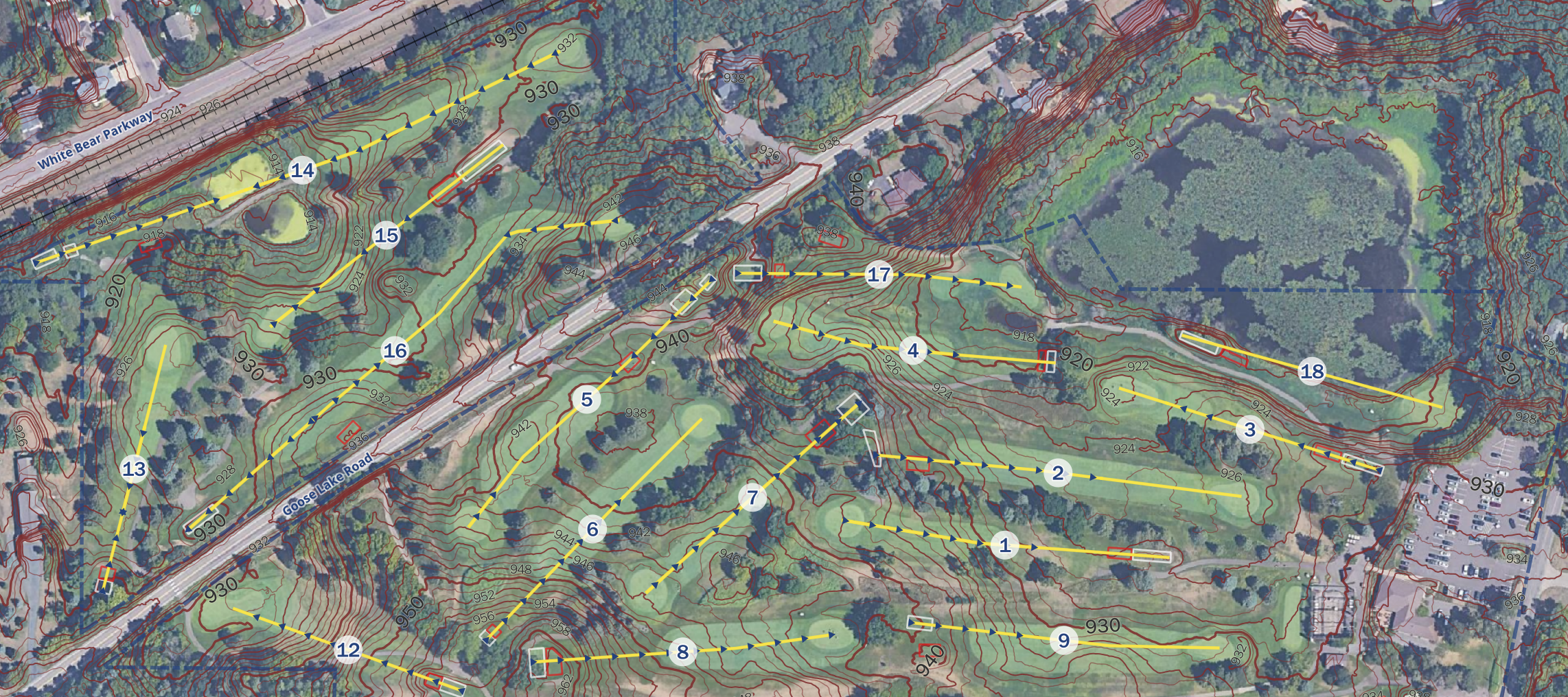Detailed contour map of Gem Lake Hills Golf Club with 2‑, 5‑, and 10‑foot elevation intervals highlighting slopes, ridges, and low areas across the landscape.