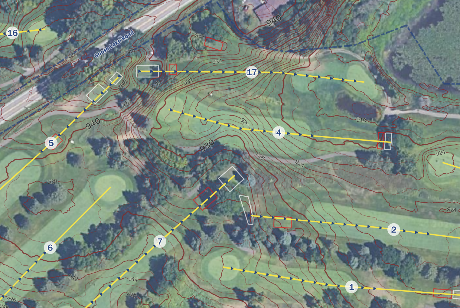 Topographical map with contour lines, roads, and numbered points of interest over a grassy landscape with trees and water features.