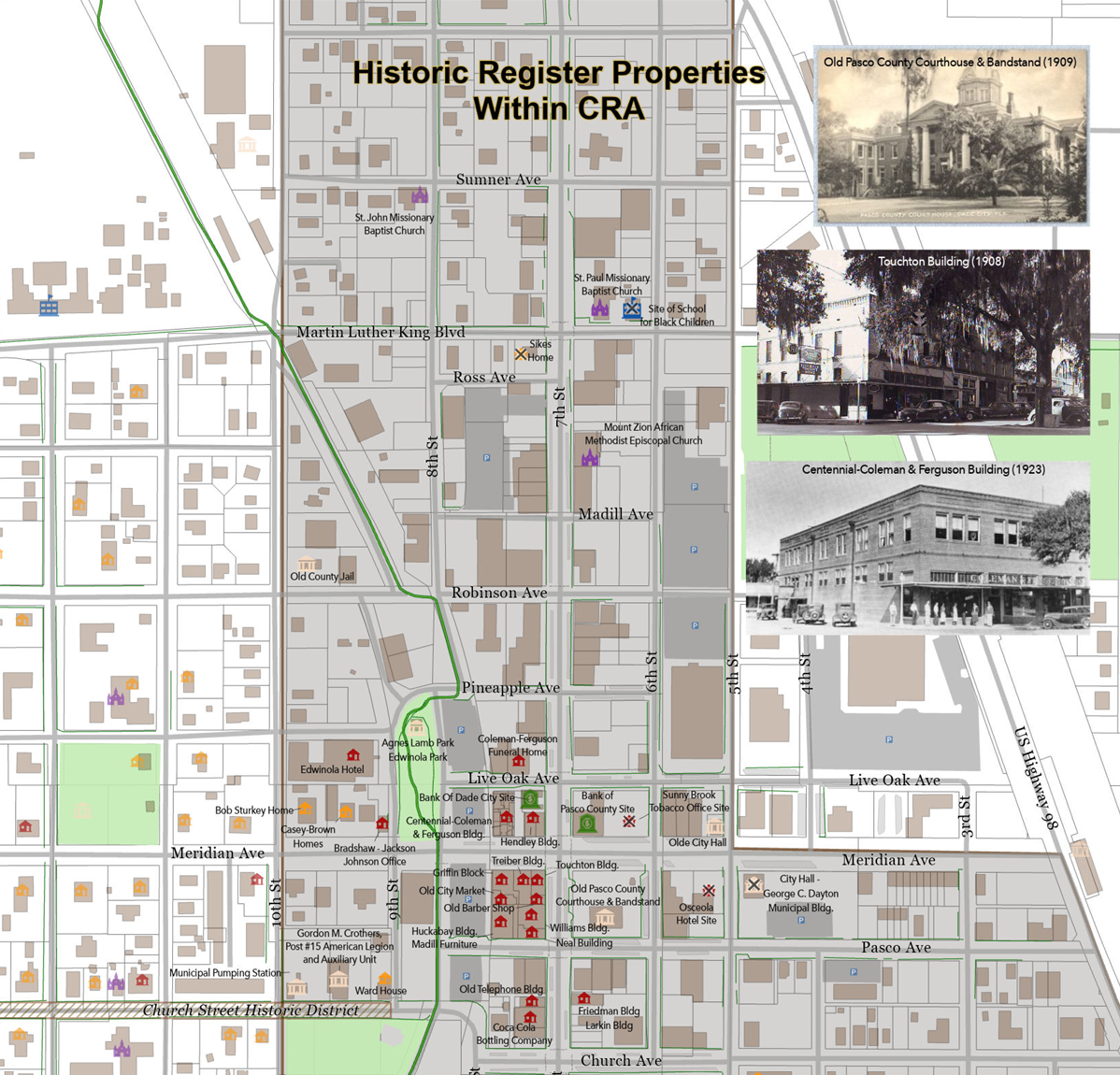Map of a historic district in the CRA of Dade City, Florida showing streets, landmarks, and buildings, with icons marking sites like banks, hotels, government buildings, and businesses.