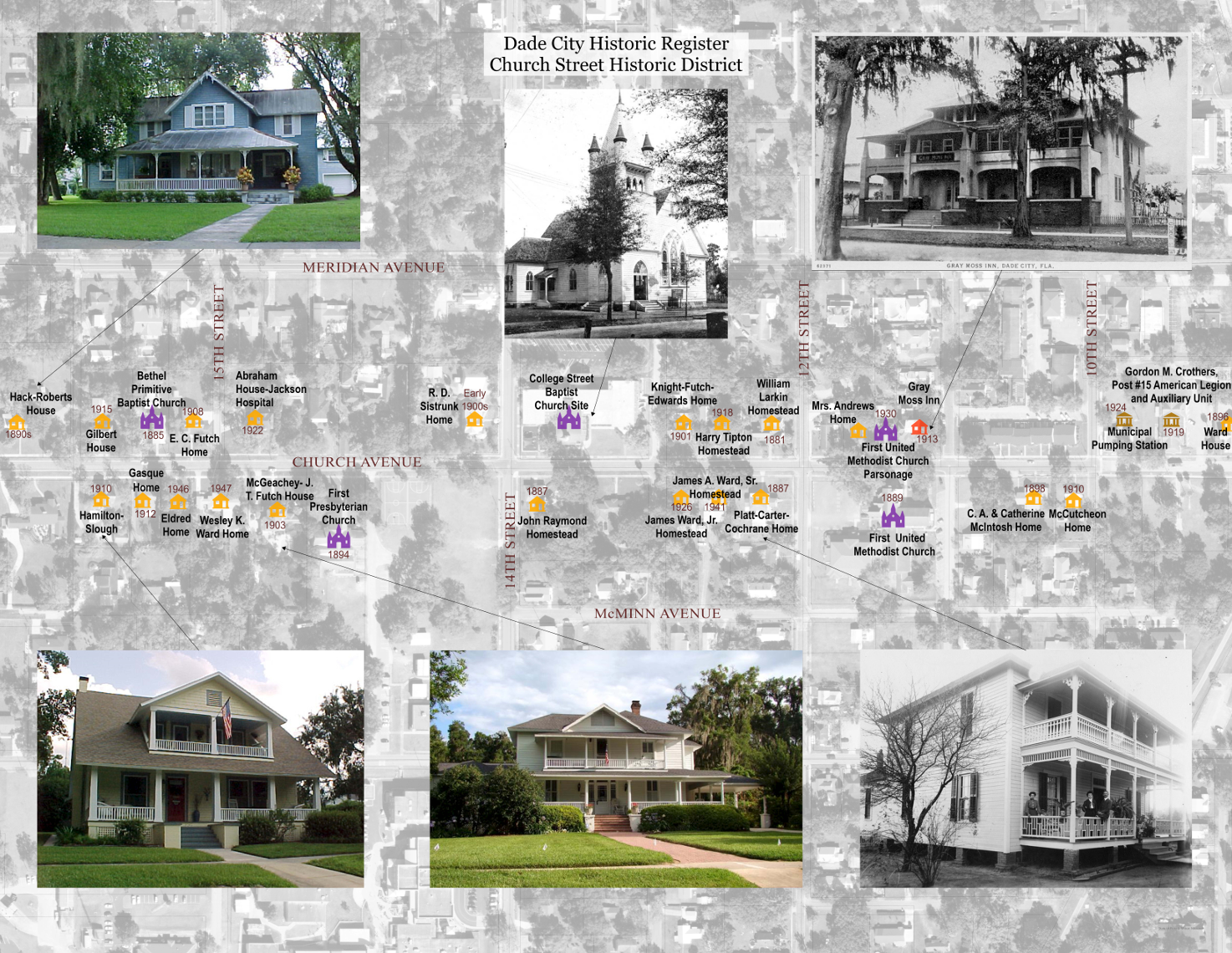 A historic map of Dade City, Florida, showing notable homes, churches, and landmarks in the Church Street Historic District with black-and-white photographs of historic buildings and homes and color photos of modern houses.