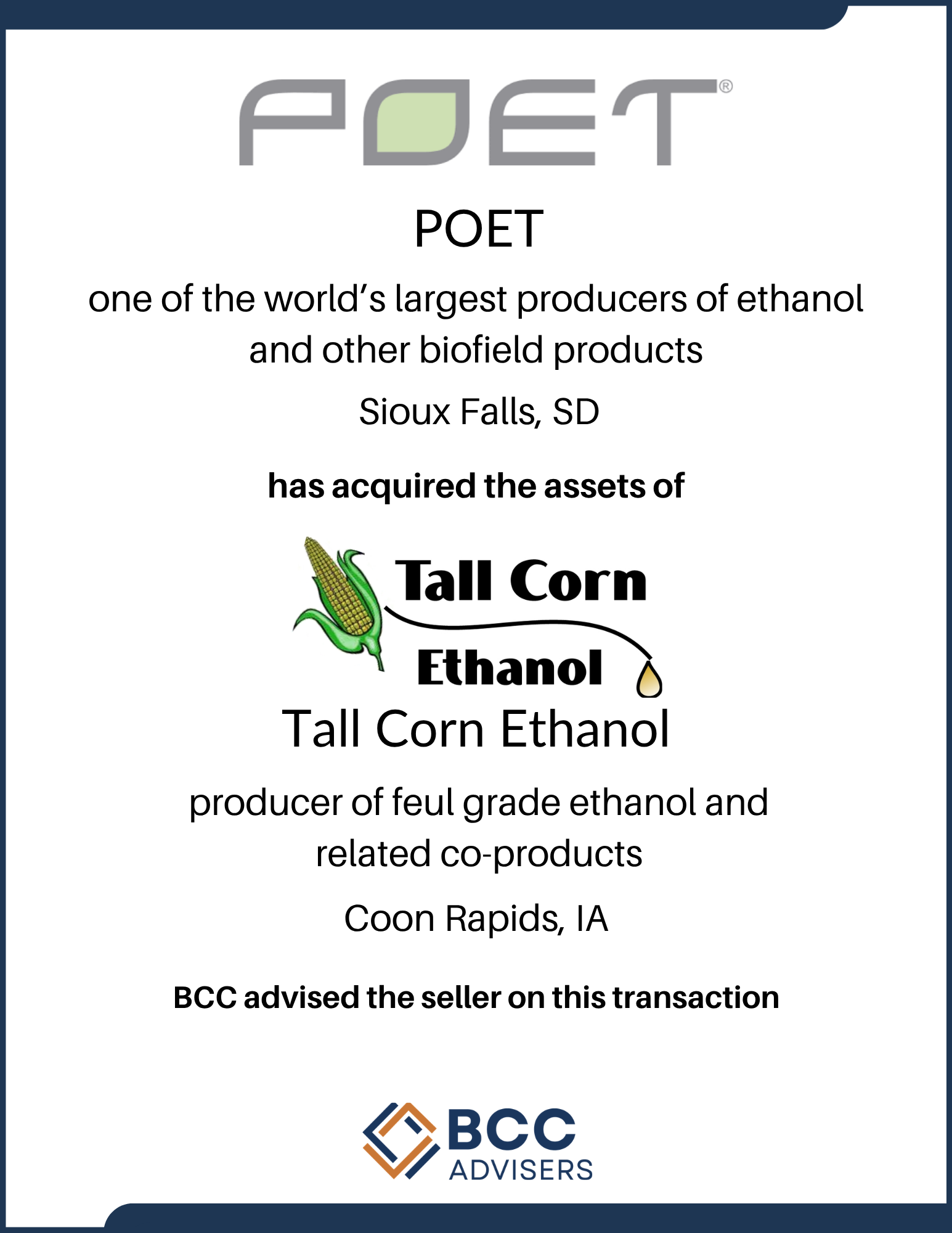 Document with the logo of POET at the top, describing the company's biofuel and ethanol production in Sioux Falls, SD, featuring a graphic of a corn cob with an ethanol drop, and the logo of BCC Advisers at the bottom.