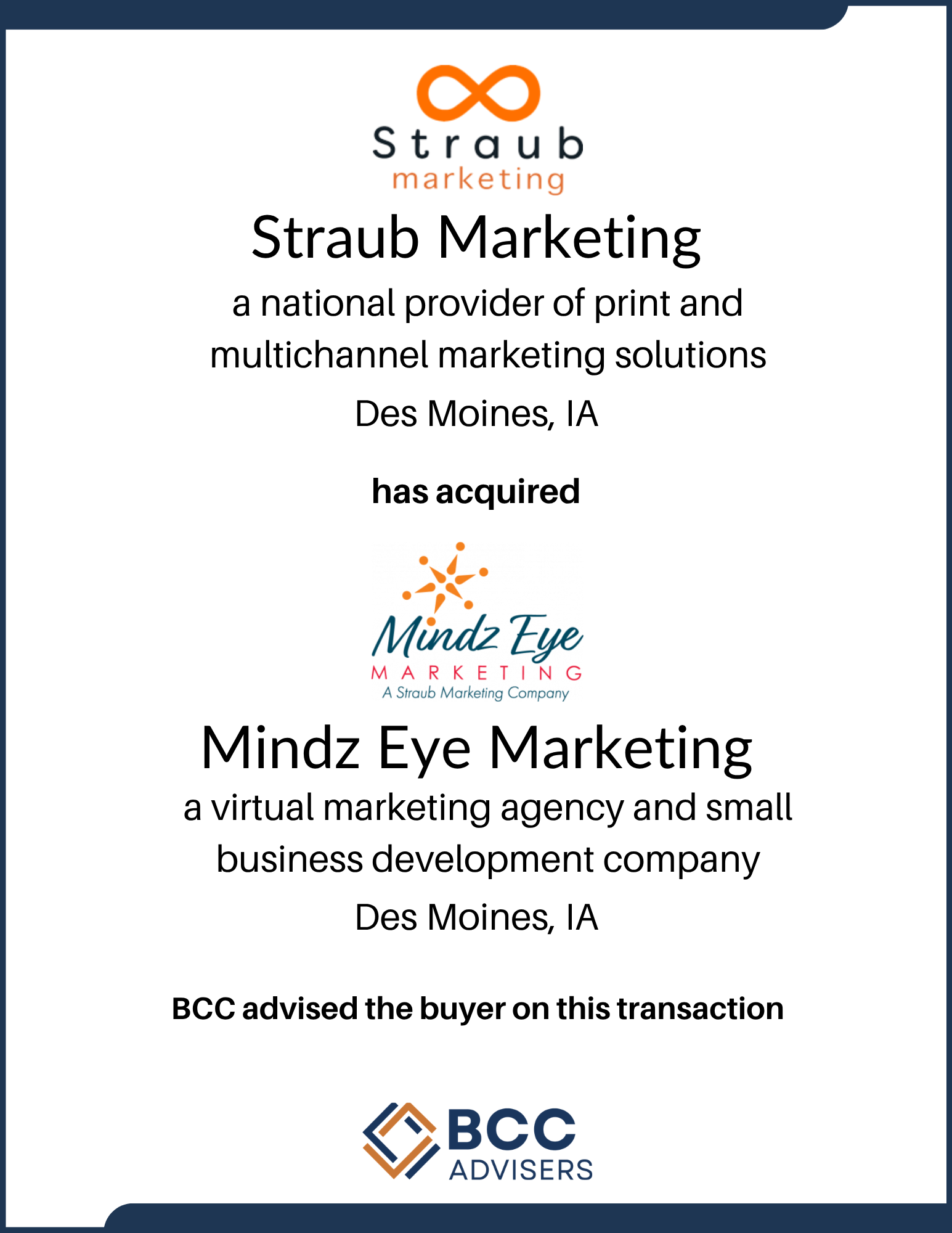 Certificate of acquisition issued to Mindz Eye Marketing by Straub Marketing, a Straub Marketing Company, located in Des Moines, IA, noting BCC advised the buyer on this transaction.