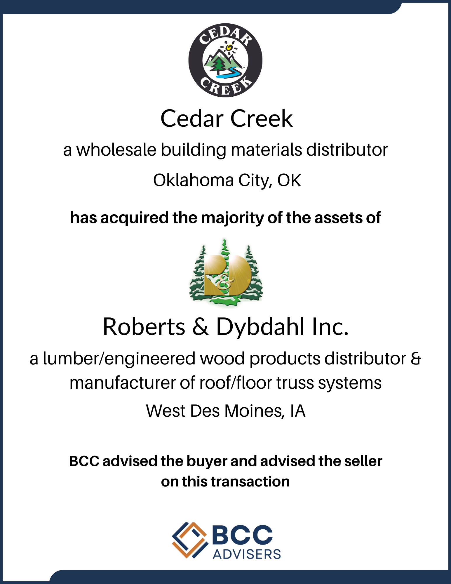 Business document with Cedar Creek logo, indicating it is a wholesale building materials distributor in Oklahoma City, OK. The document mentions assets acquired and specifies Roberts & Dybahl Inc. as a lumber and wood products supplier based in West 