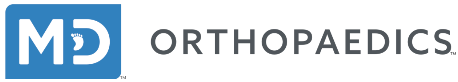Logo for MD Orthopaedics, with blue and white branding and a stylized footprint in the letter D.
