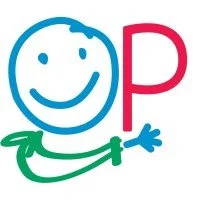 A smiling child's face drawn in a simple blue line style, holding a red letter 'P', with a green sleeve and hand.