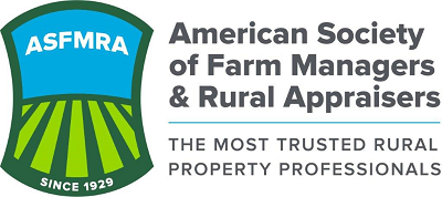 Logo of the American Society of Farm Managers & Rural Appraisers, featuring a shield with blue top, green bottom with rays, and text indicating it is since 1929.