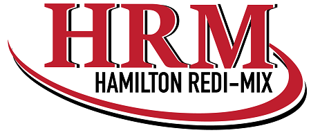 Logo for HRM Hamilton Redi-Mix with red and black text and swoosh design.