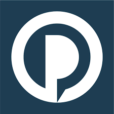 Pinterest logo in dark blue and white.