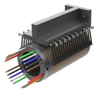 A cylindrical electronic component with multiple colored wires and connectors attached, mounted with a metal bracket.
