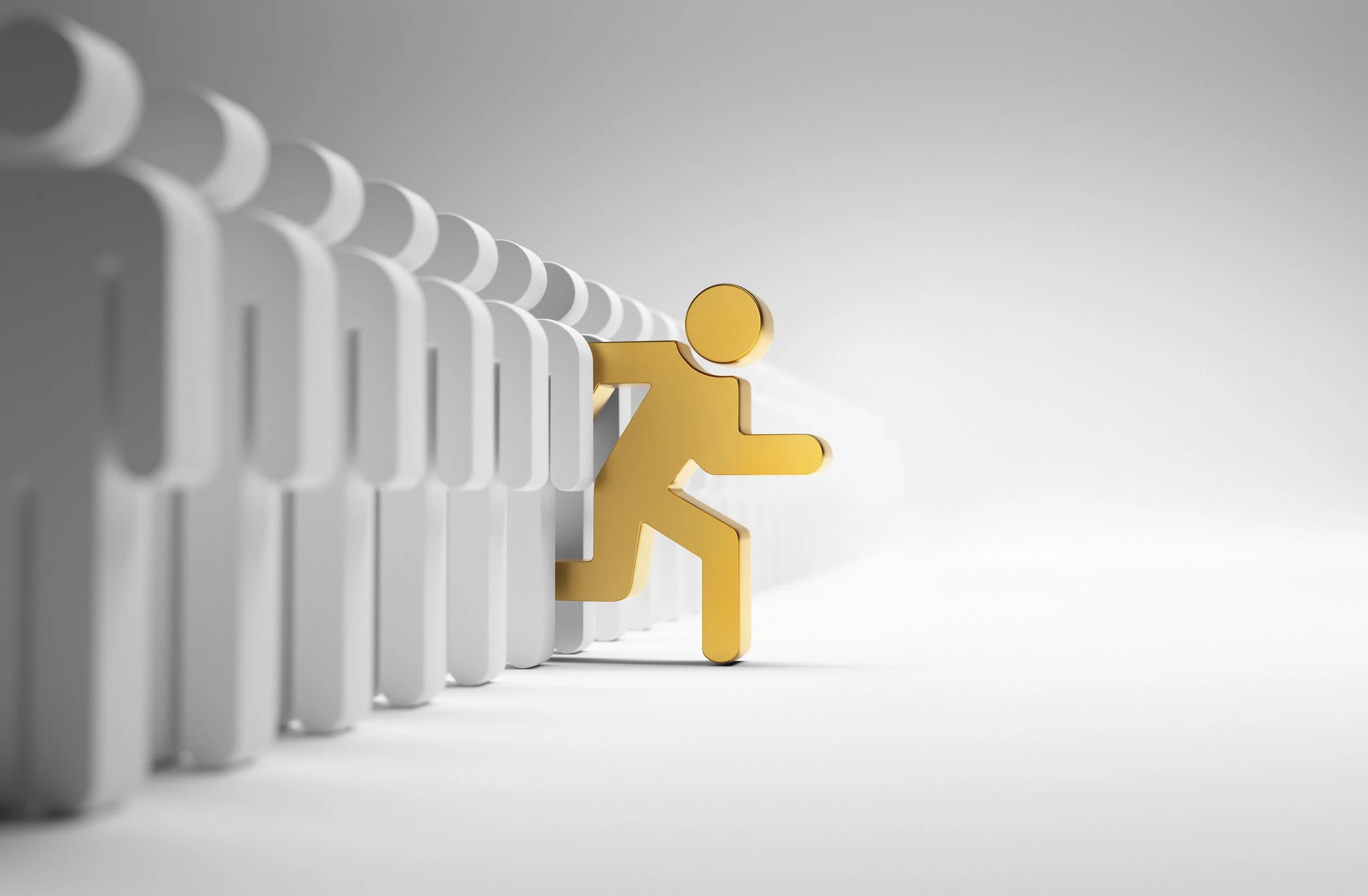 A yellow figure climbing a line of white and gray abstract shapes against a light gray background.