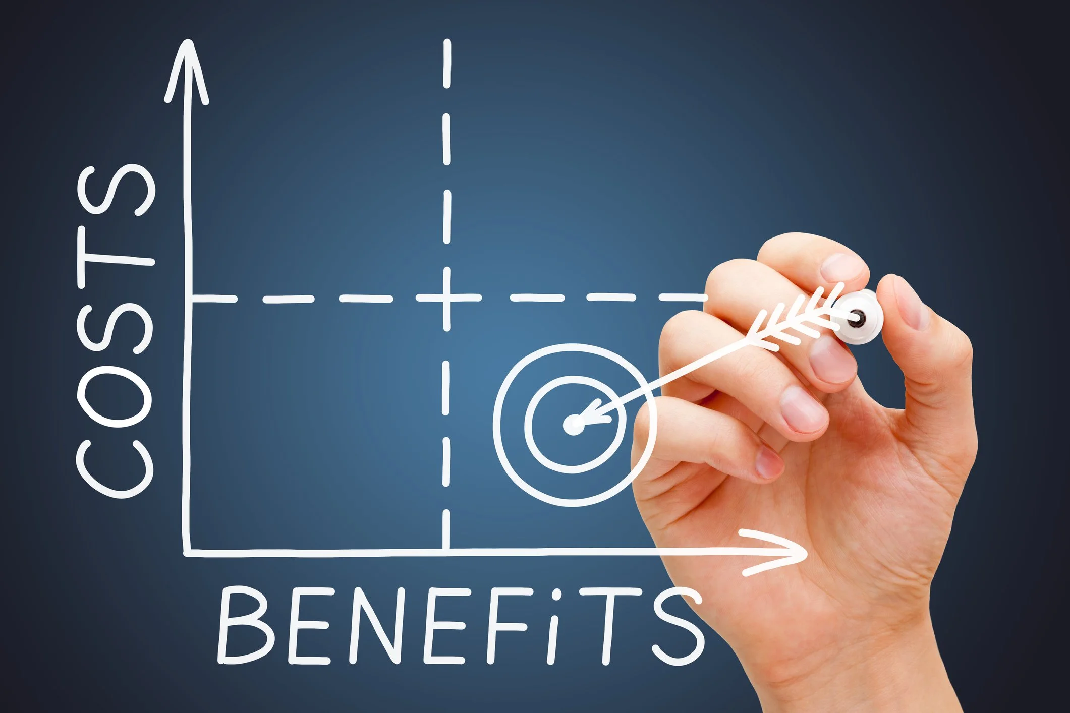 Hand drawing a target with an arrow hitting the center on a dark background with words 'Cost Savings' and 'Office Benefits'