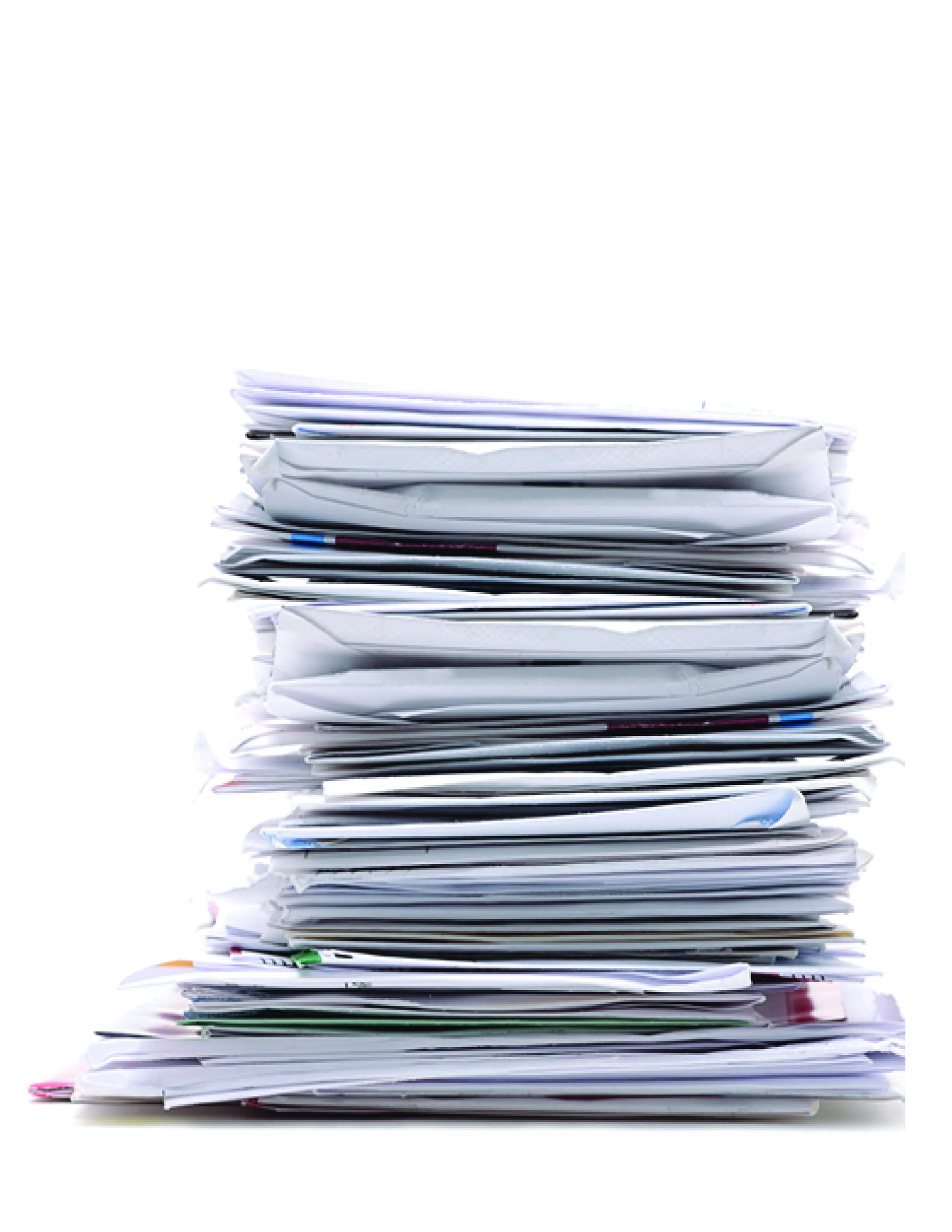 Stack of assorted papers and documents with papers bunched together at the top and bottom.