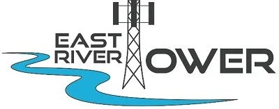 Logo with a blue river graphic, a transmission tower, and the words 'East River Power' in black.
