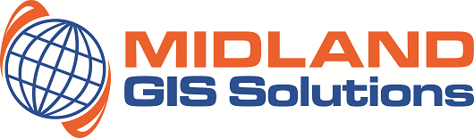 Logo for Midland GIS Solutions featuring a globe with grid lines and orange swoosh