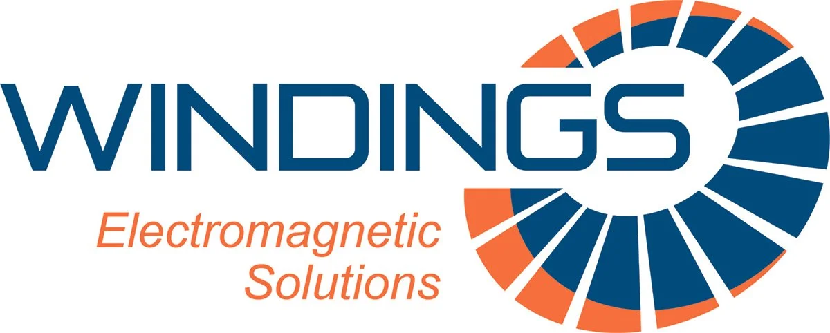 Logo for WINDINGS Electromagnetic Solutions with a circular graphic design in orange and blue next to the company name.