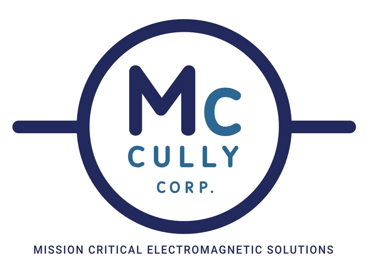 Logo of MC Cully Corp with a stylized circle and horizontal lines, featuring the company name and the tagline 'Mission Critical Electromagnetic Solutions'.