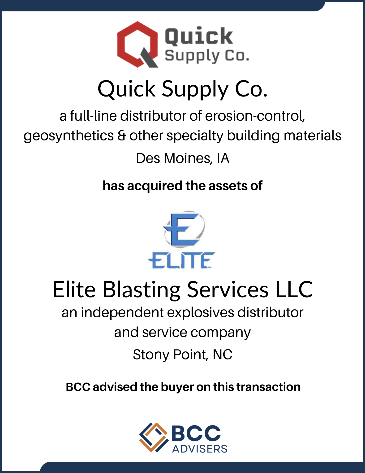 Business transaction certificate with logos of Quick Supply Co., Elite Blasting Services LLC, and BCC Advisers, issued in Stony Point, North Carolina, indicating asset acquisition and advising for erosion control and explosives distribution.