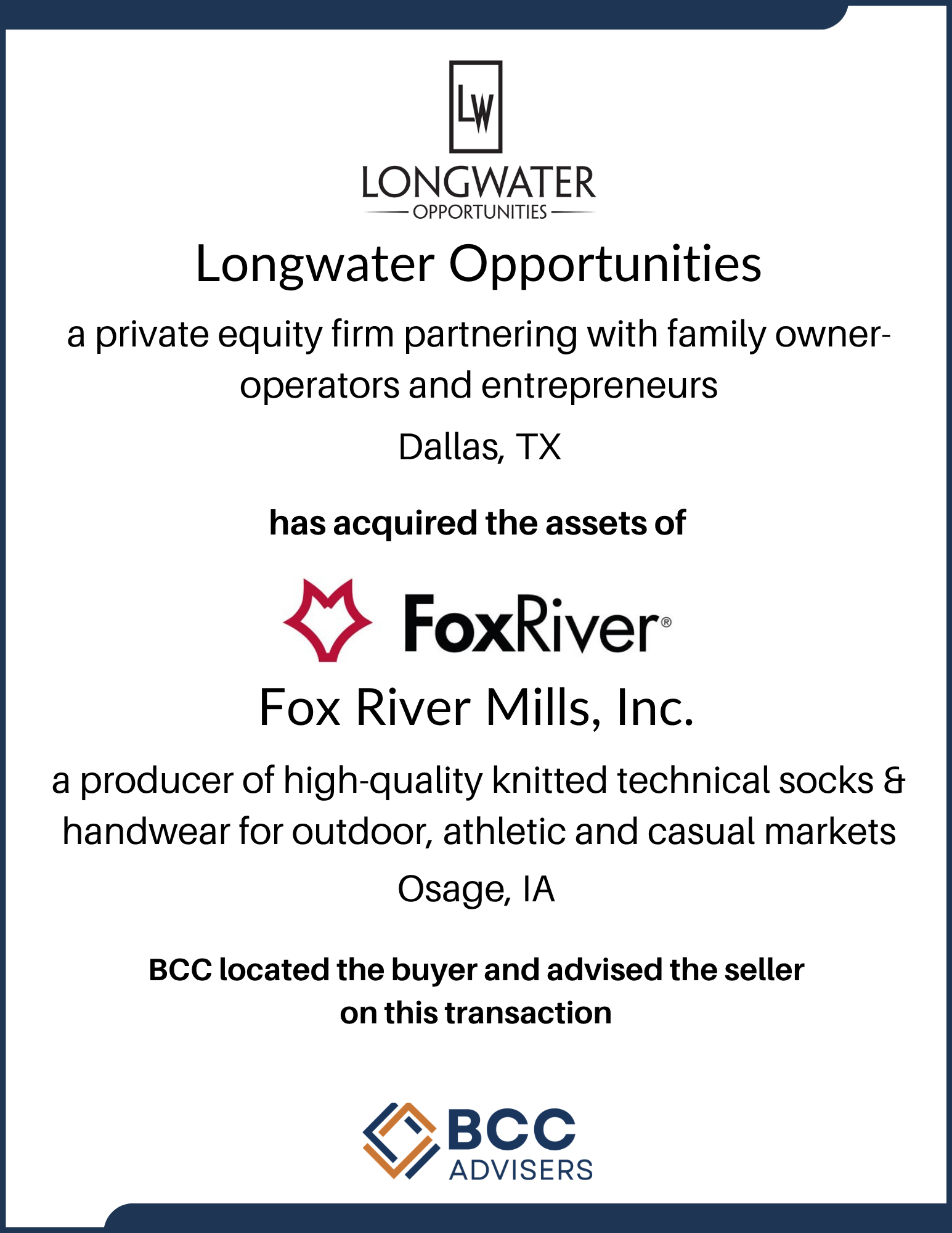 Image of a document from Longwater Opportunities, a private equity firm in Dallas, Texas, partnering with family owners and entrepreneurs. The document mentions their assets acquired from FoxRiver Mills, Inc., a producer of knitted technical socks an