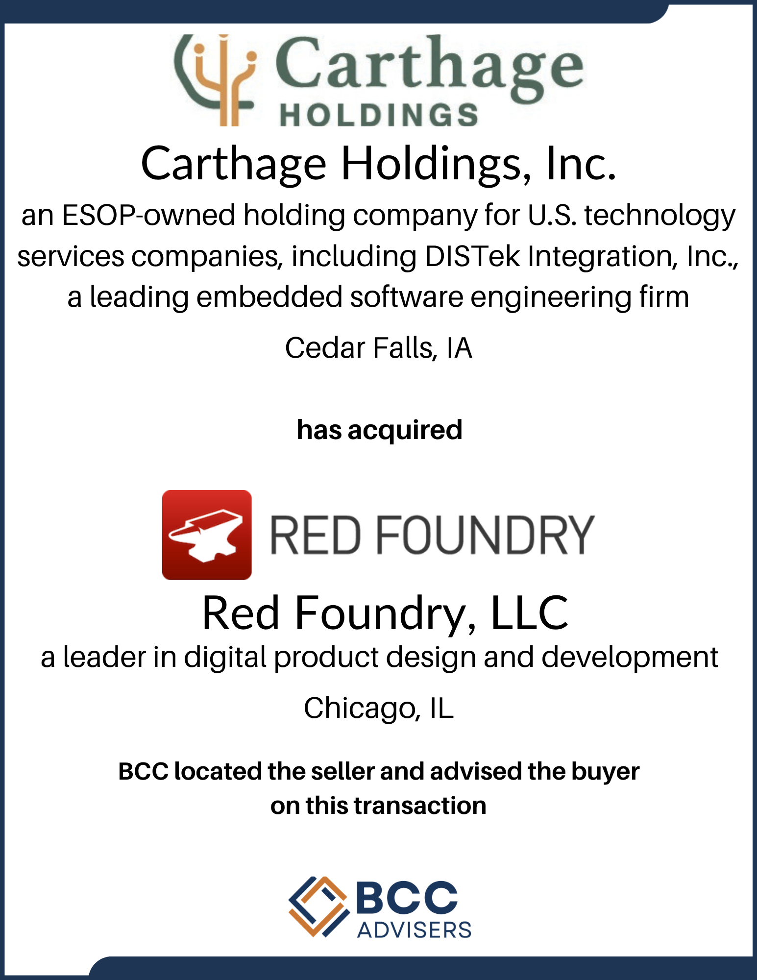 Business document showing that Red Foundry LLC, a digital product design and development firm based in Chicago, Illinois, acquired another company. The document mentions Carthage Holdings, Inc., an ESOP-owned holding company for U.S. technology servi