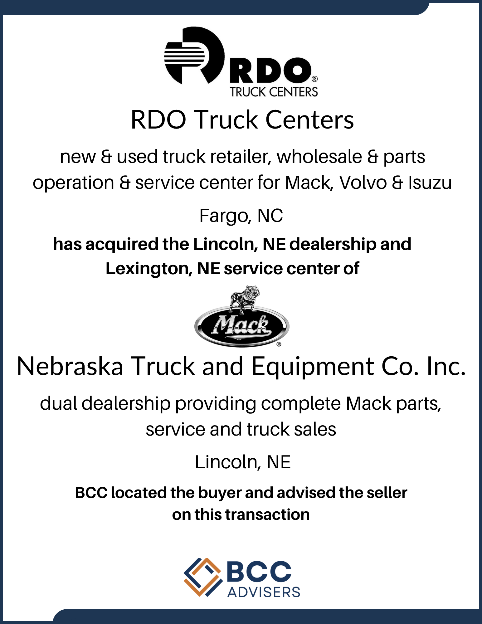 A business transaction receipt or notice for RDO Truck Centers, a dealership for Mack, Volvo, and Isuzu trucks, located in Fargo, North Dakota, including the BCC logo at the bottom.