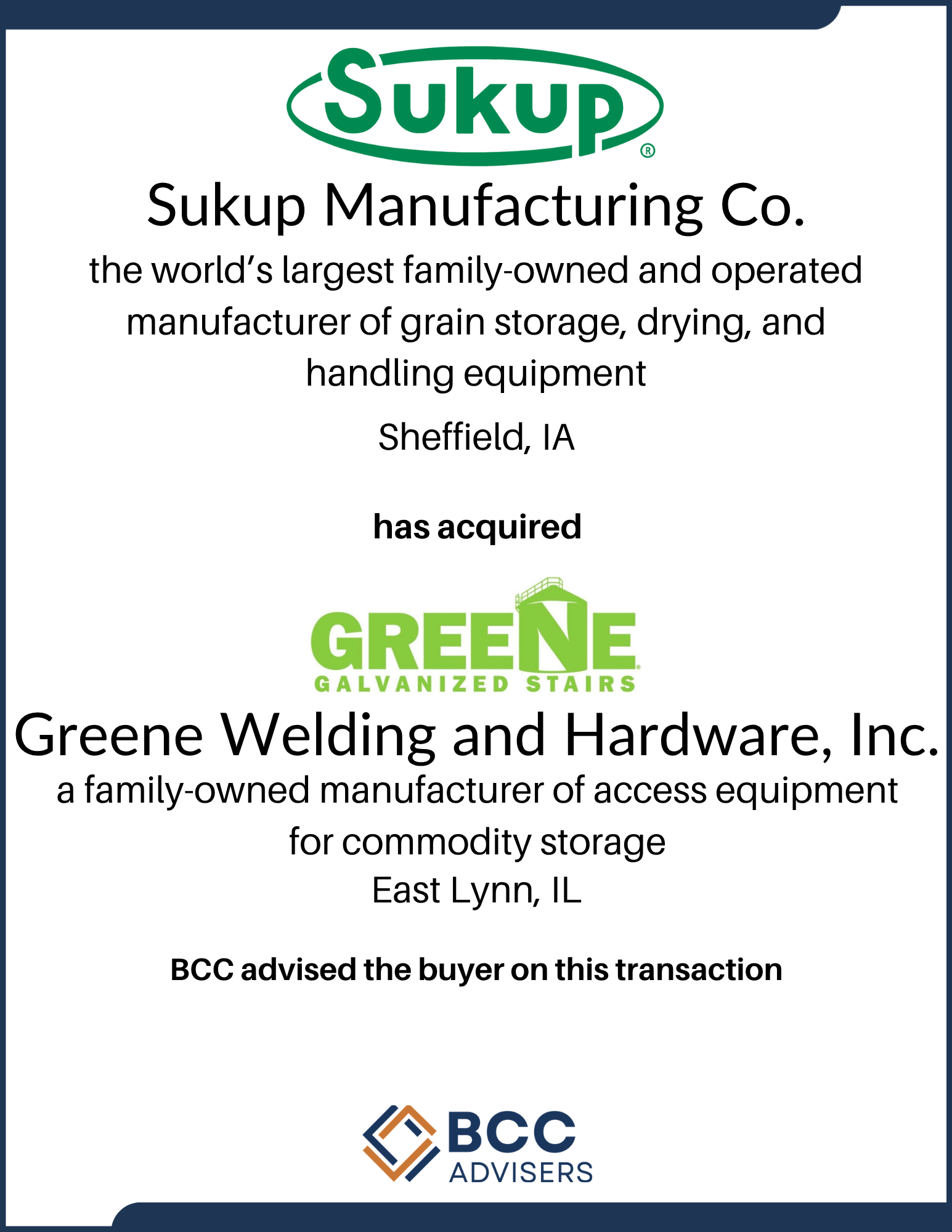 Certificate of acquisition from Greene Welding and Hardware, Inc. issued by BCC Advisers, stating the company's background and location in East Lynn, Illinois.