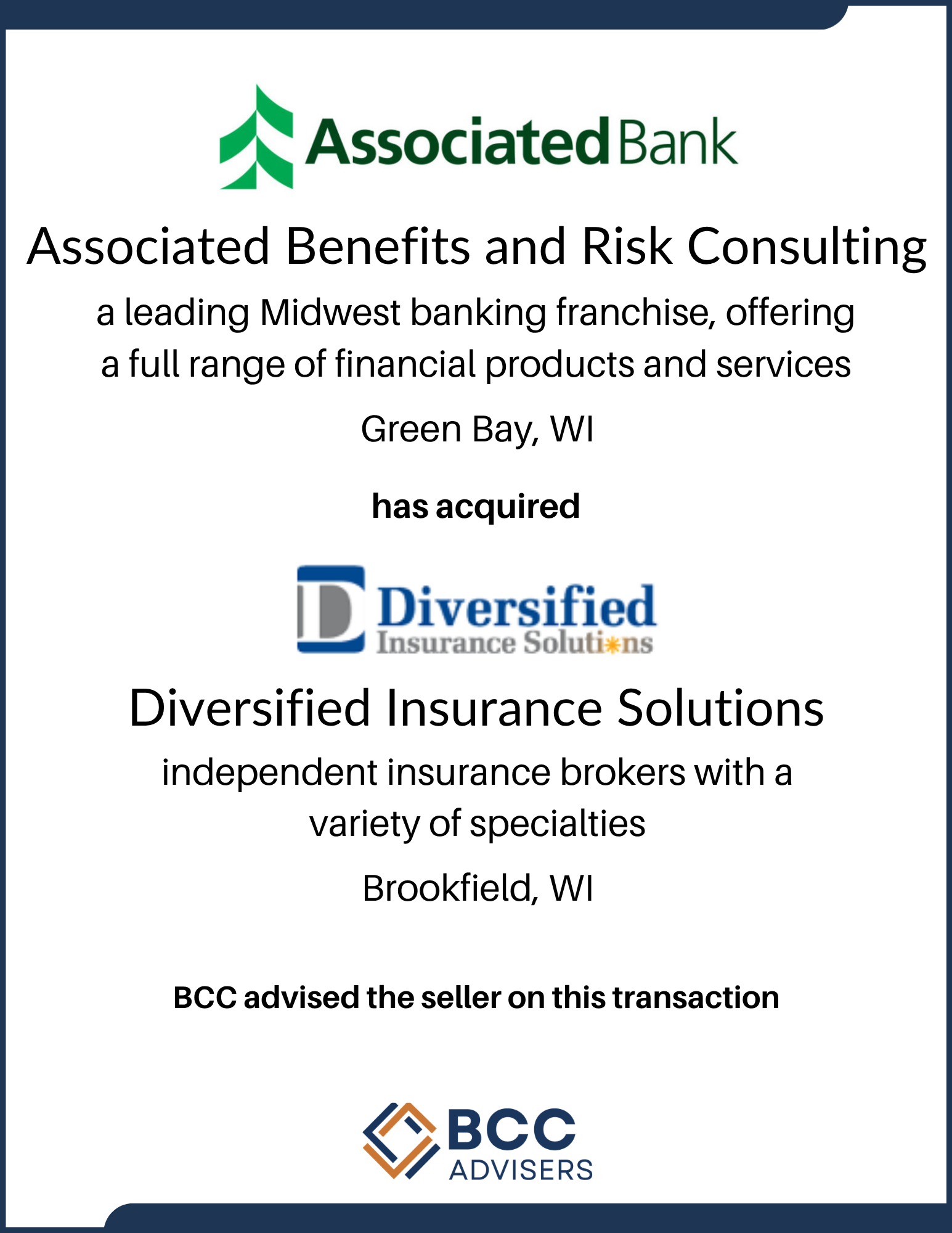 A certificate of acquisition issued by Associated Bank to Diversified Insurance Solutions, detailing their purchase and advising the seller. The document includes logos from Associated Bank, Diversified Insurance Solutions, and BCC Advisers, and spec