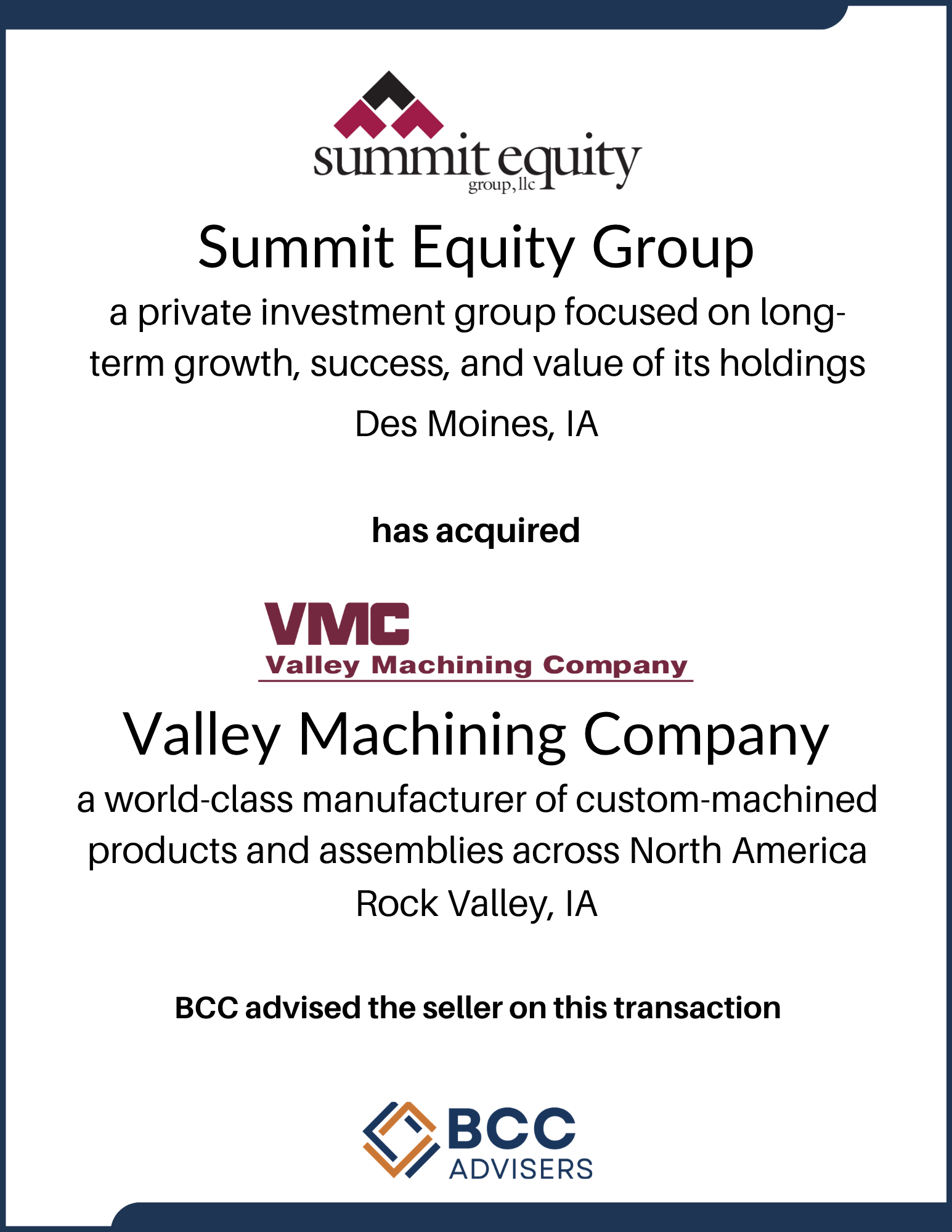 Certificate of acquisition from Summit Equity Group to Valley Machining Company, presented by BCC Advisers, indicating long-term investments and growth.