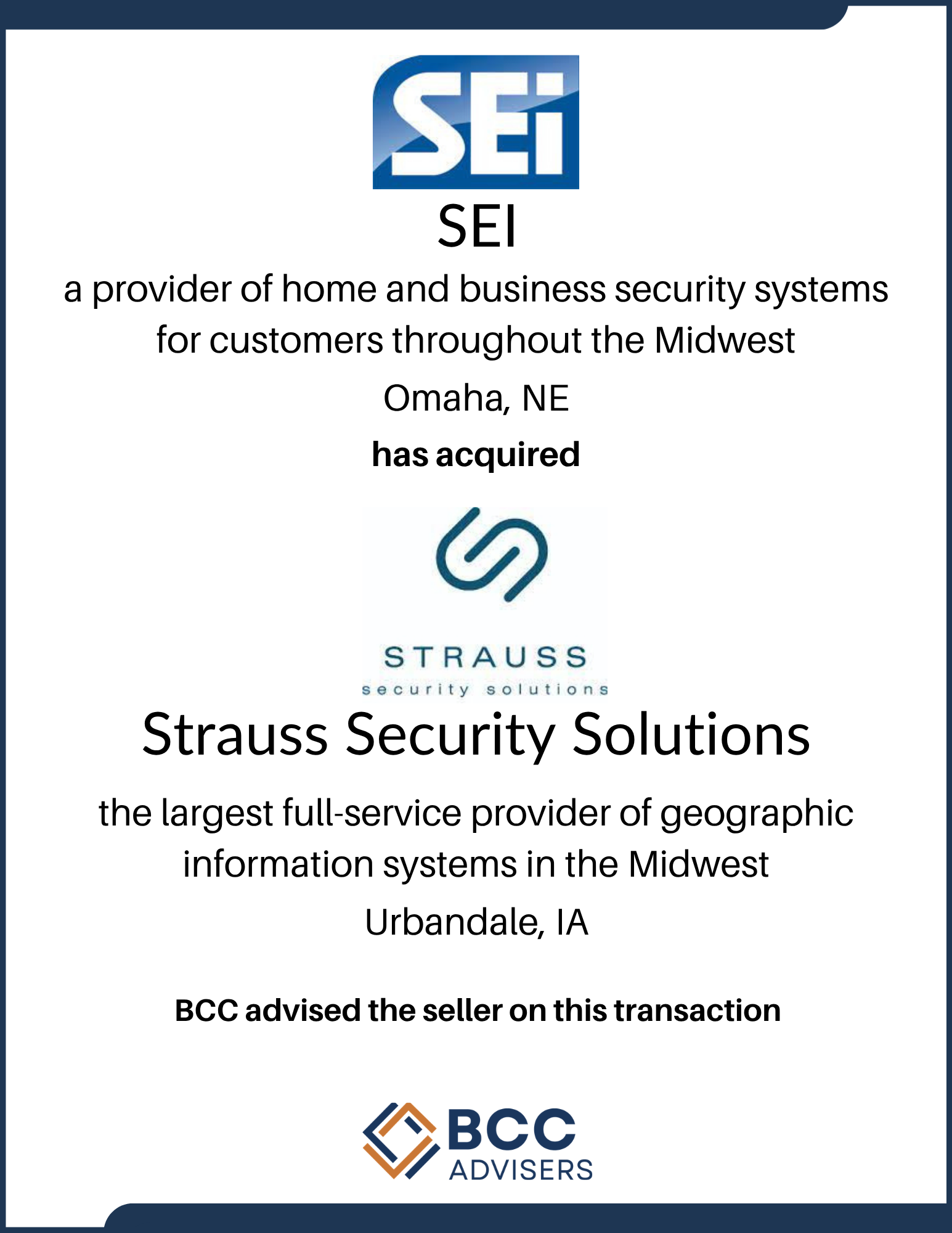 Certificate or official document recognizing Strauss Security Solutions for acquiring a company, with company logo at the bottom, including BCC Advisers logo, and details about their services as home and business security provider in Omaha, Nebraska.