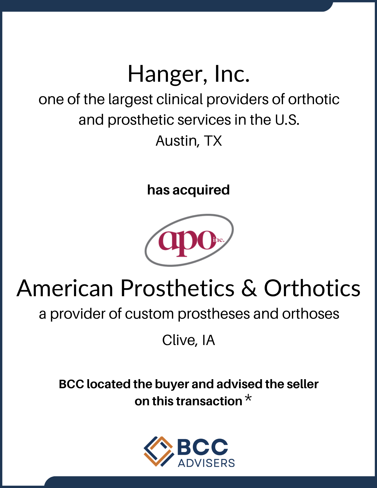Certificate from Hanger, Inc. recognizing Clive, IA as the buyer of custom prostheses and orthoses, with BCC adviser notification.