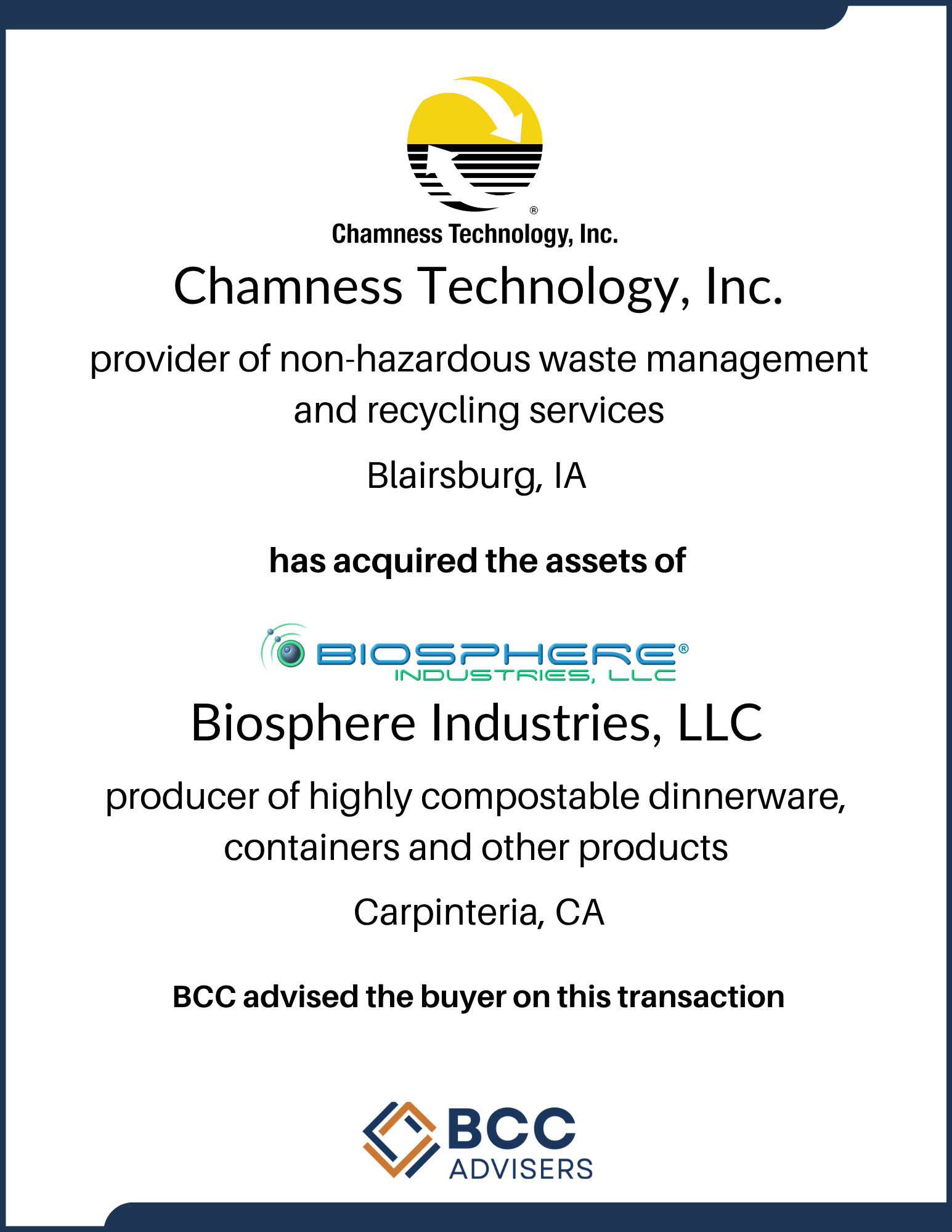 Business document for Chamness Technology, Inc., a non-hazardous waste management and recycling services provider based in Blairsburg, IA, with a Biosphere Industries LLC acquisition, featuring BCC Advisers logo.
