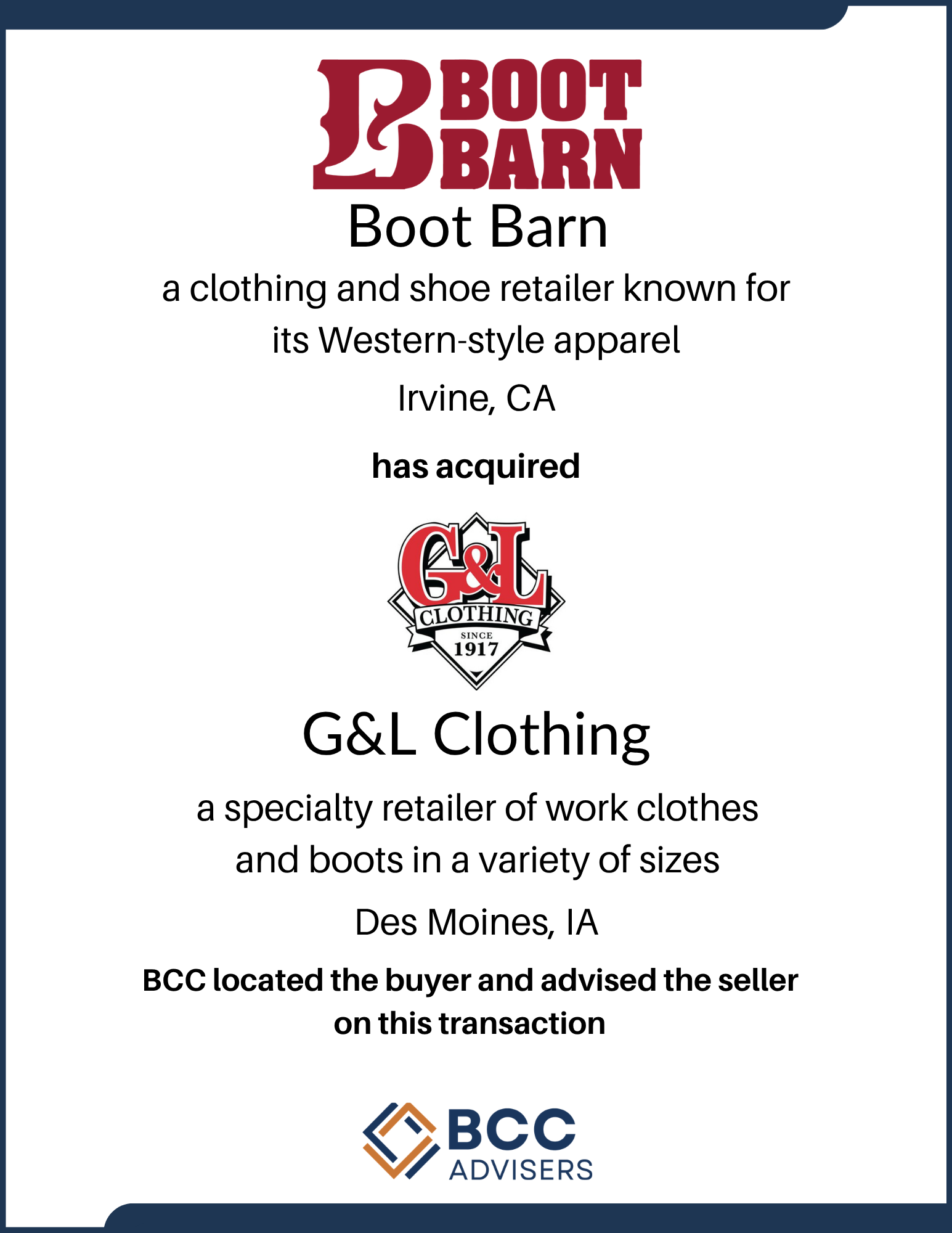 A certificate or document for Boot Barn, a Western-style apparel retailer in Irvine, California, acquired by G&L Clothing, a specialist in work clothes and boots based in Des Moines, Iowa. It includes the G&L Clothing logo and mentions BCC Advisors.
