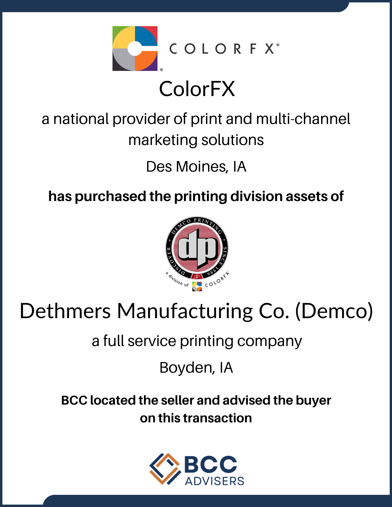Certificate of purchase for printing assets from Dethmers Manufacturing Co., announcing buyer BCC Advisers, with logos for COLORFX and BCC