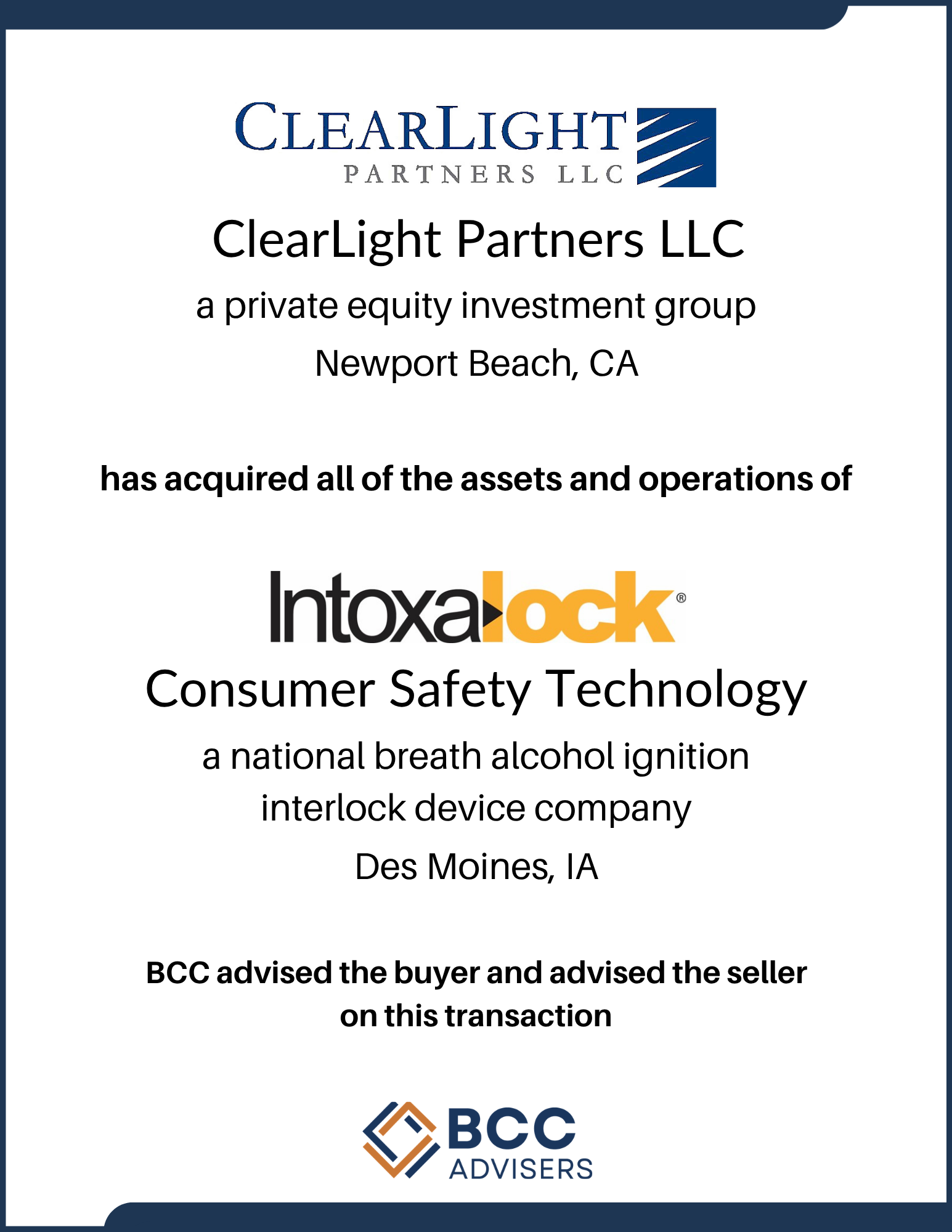 Document with logos of ClearLight Partners LLC and BCC Advisers. Text mentions acquisition by ClearLight Partners LLC, a private equity investment group based in Newport Beach, CA, involving intoxalock technology and a breath alcohol ignition interlo