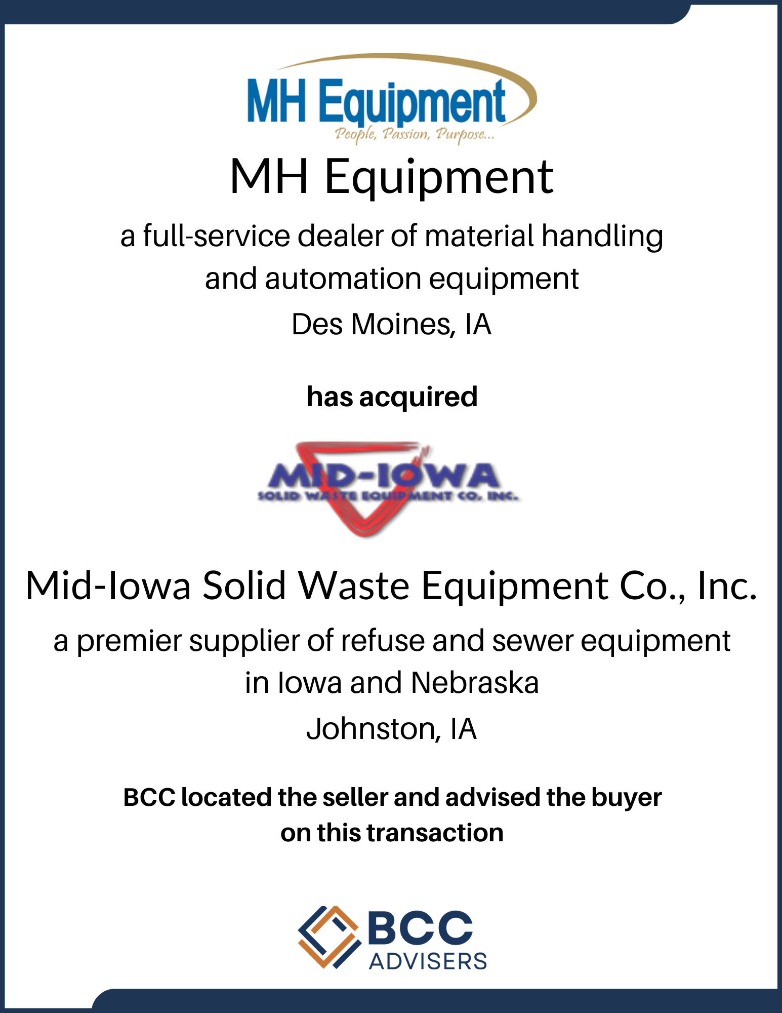 Certificate of achievement from MH Equipment, a full-service dealer of material handling and automation equipment in Des Moines, Iowa, awarded to MID-IOWA Solid Waste Equipment Co. Inc., with the BCC Advisers logo at the bottom.