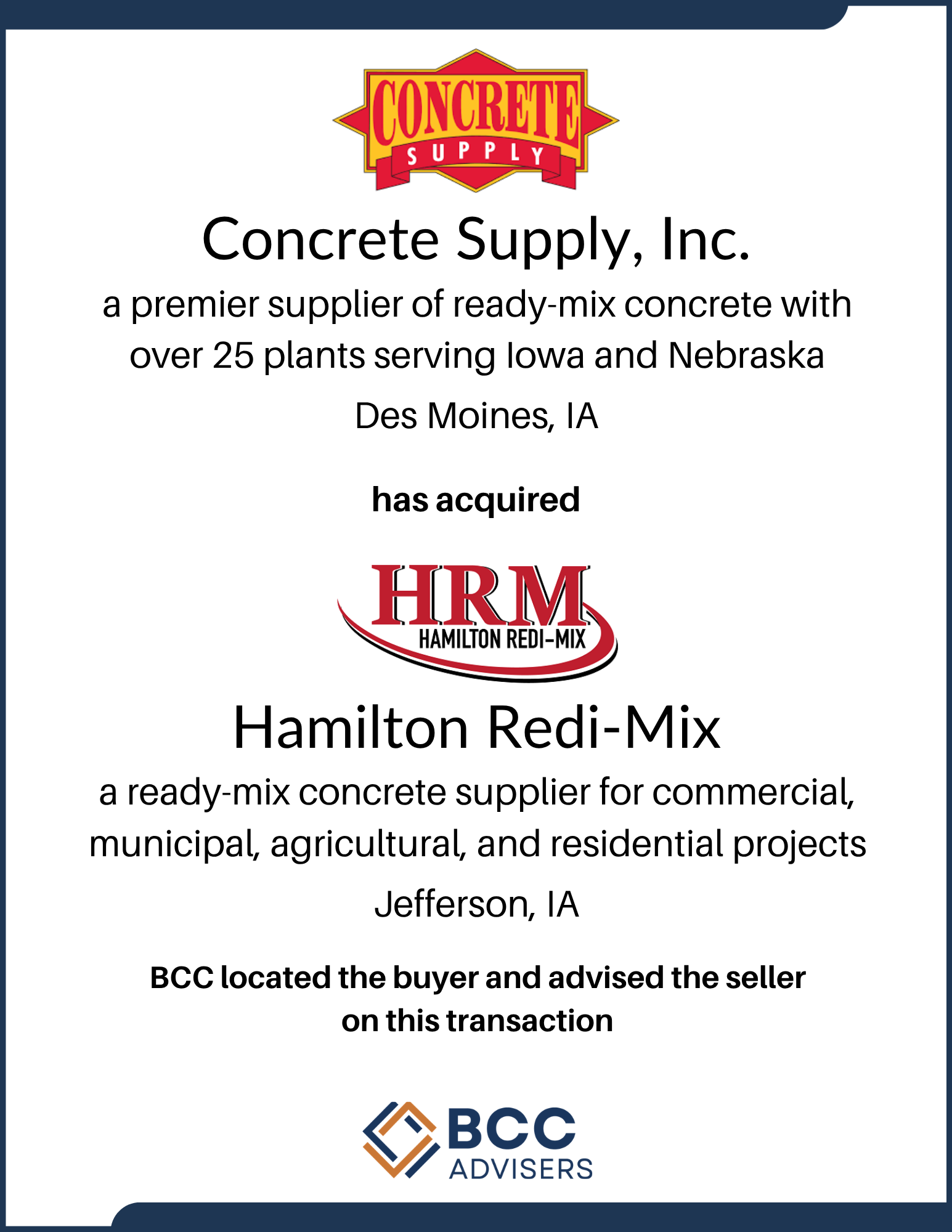 Certificate of purchase for Hamilton Redi-Mix concrete from Concrete Supply, Inc. issued to HRM. The document includes company logos and states that BCC located the buyer and advised the seller.