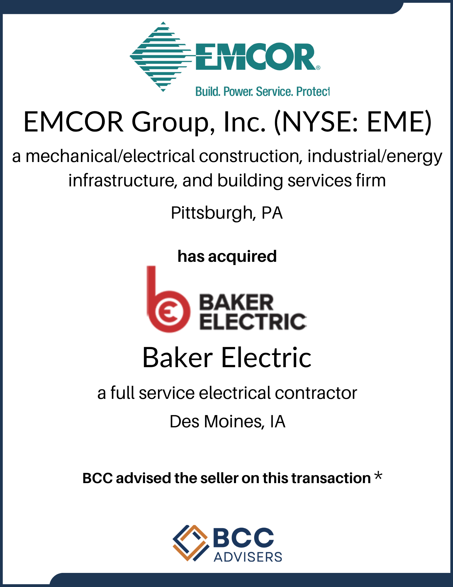 Business certificate indicating that EMCOR Group, Inc. has acquired Baker Electric, a full-service electrical contractor based in Des Moines, IA, with BCC Advisers listed at the bottom.