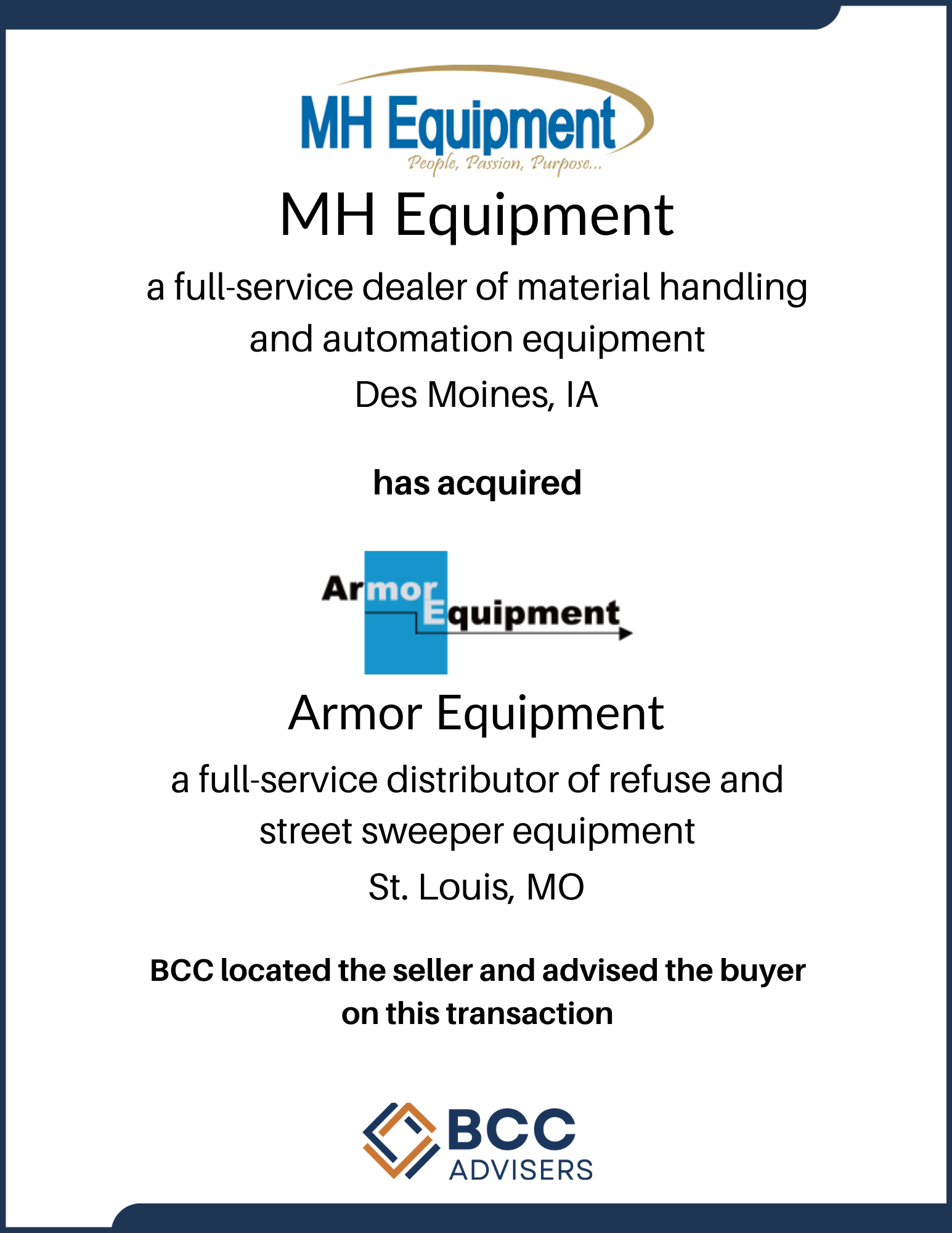 Certificate from MH Equipment recognizing Armor Equipment, a distributor in St. Louis, Missouri, for acquiring equipment and being advised by BCC Advisers.
