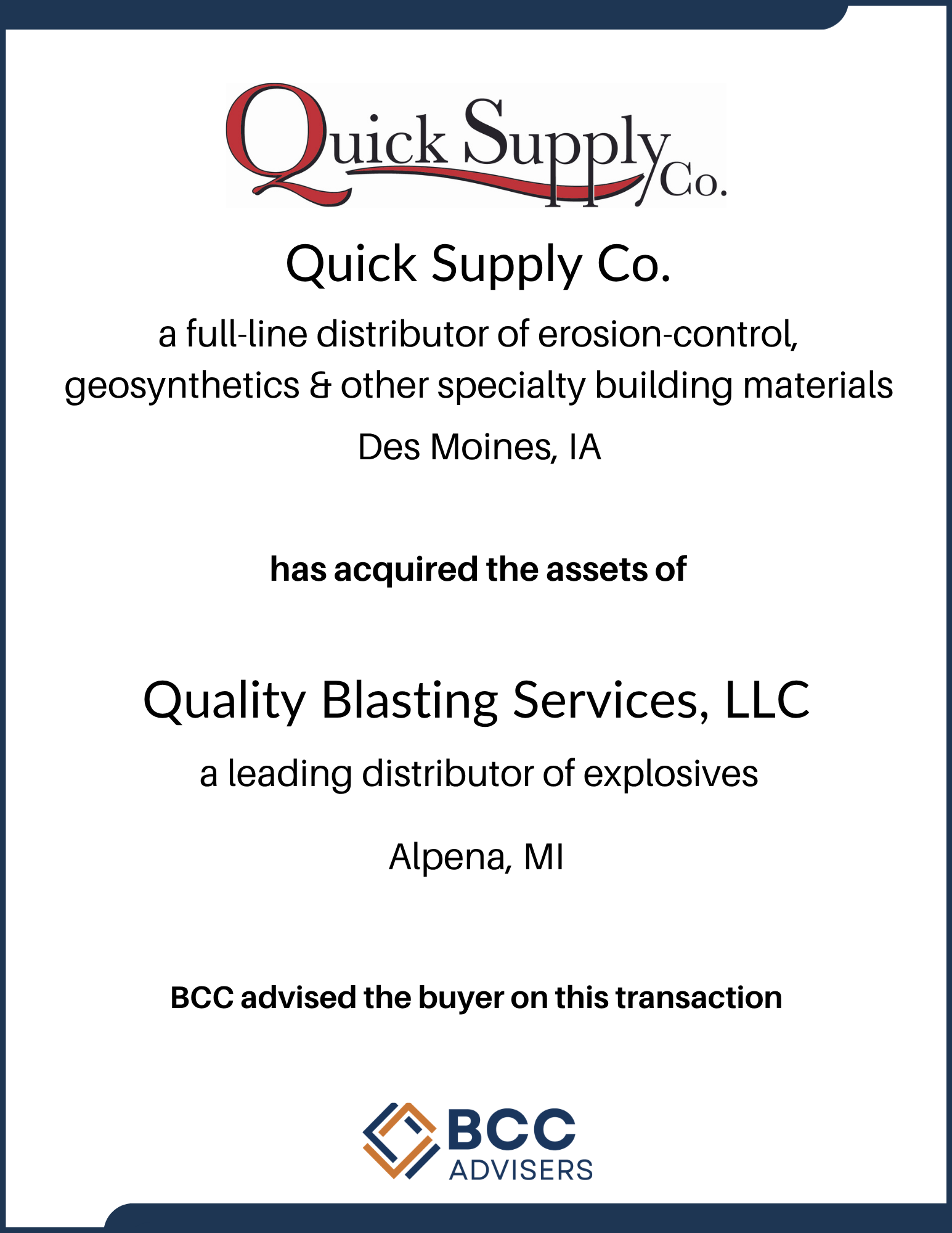 Business document with company logo at the bottom, titled Quick Supply Co. indicating it's a distributor of erosion-control, geosynthetics, and specialty building materials in Des Moines, IA, and Lotus Blast Services LLC in Alpena, MI, involved in ex