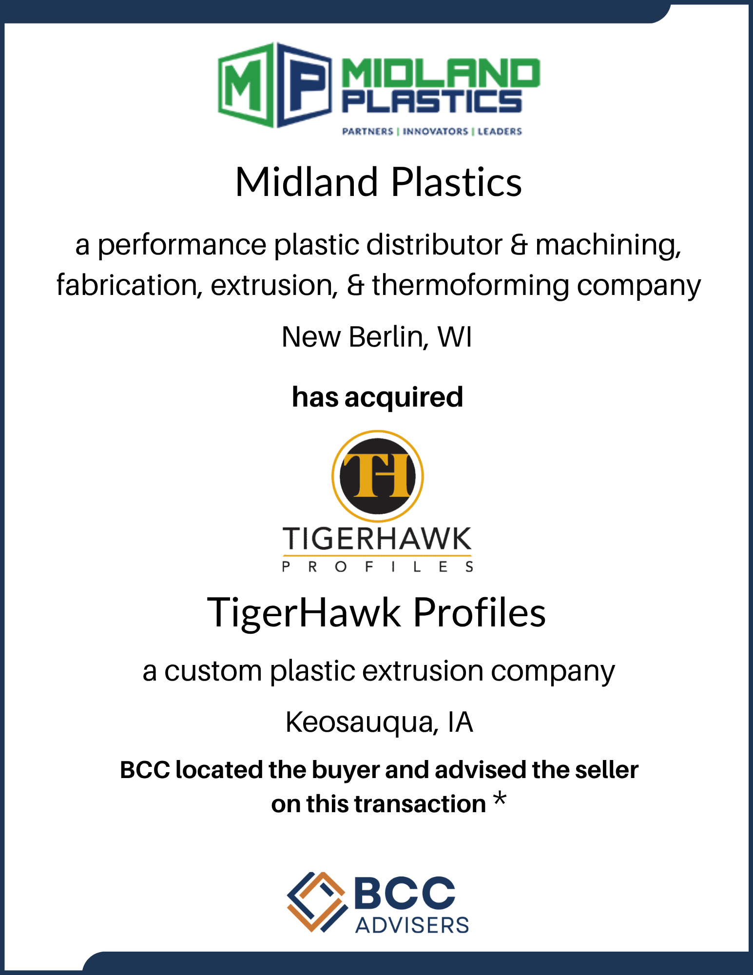 Business transaction document from Midland Plastics announcing the acquisition of TigerHawk Profiles, a plastic extrusion company. Contains logos of Midland Plastics, TigerHawk Profiles, and BCC Advisers.