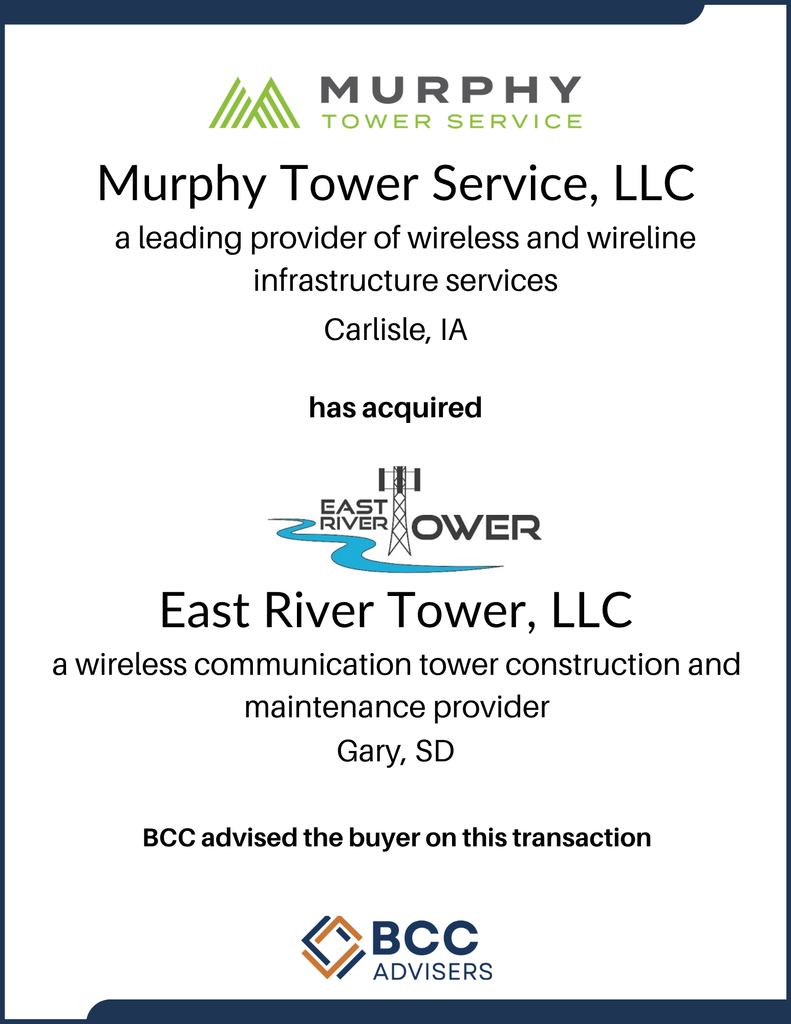 Certificate of transaction for Murphy Tower Service, LLC issued by East River Power, acknowledging their purchase of wireless communication tower construction and maintenance services, signed by Gary from SD. The certificate includes logos for Murphy