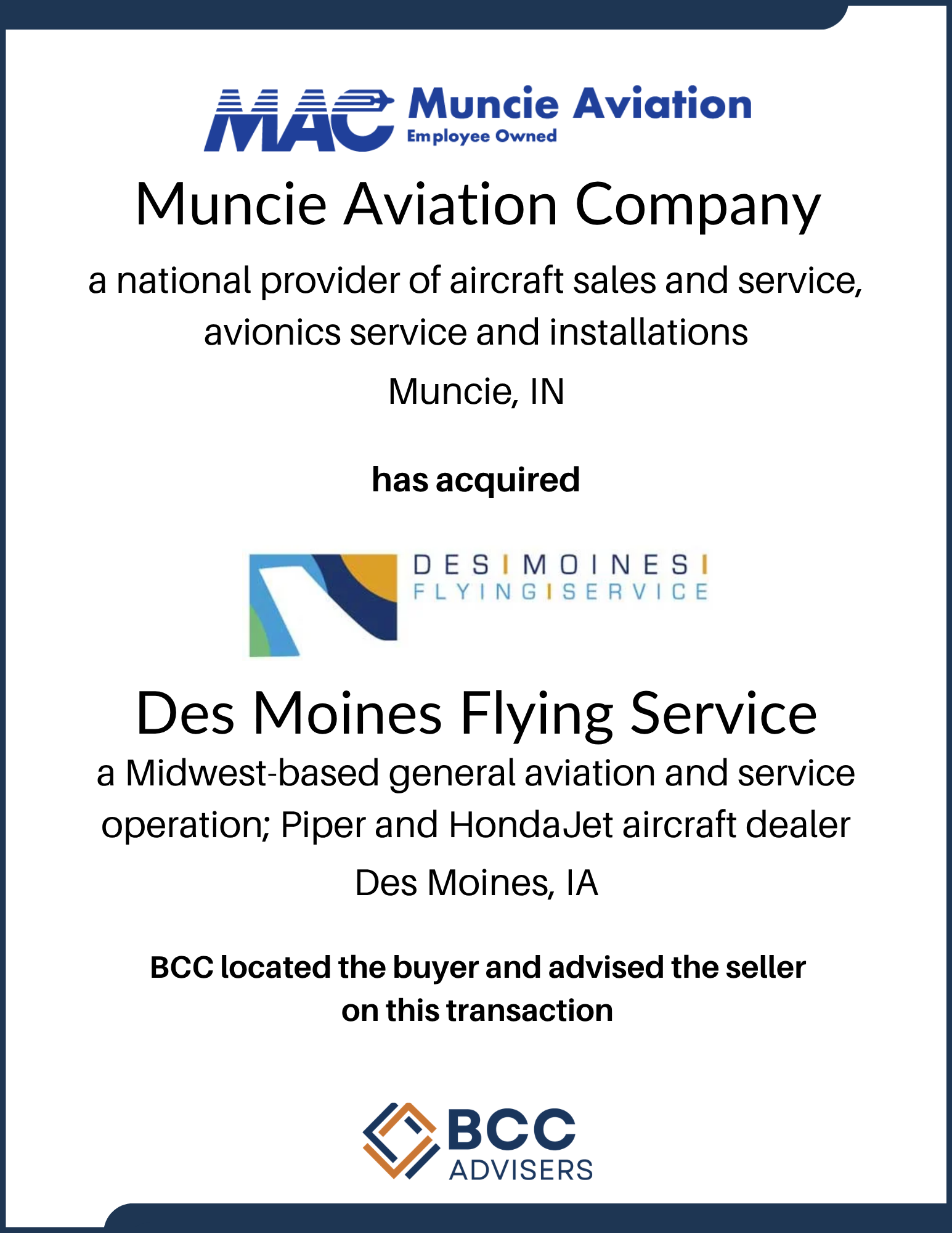 Certificate indicating that Muncie Aviation Company has acquired Des Moines Flying Service, with logos of both companies and details of the transaction.