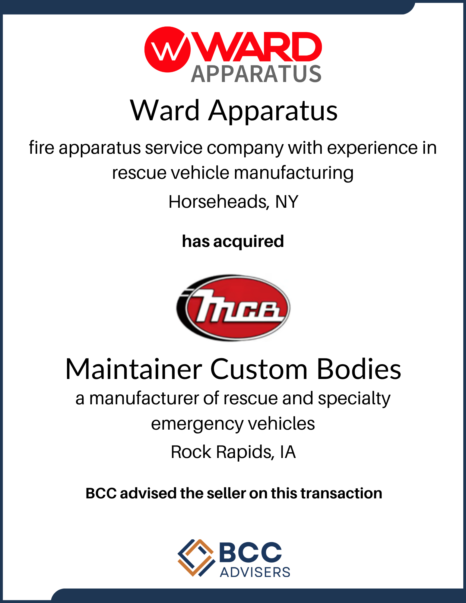 Certificate indicating that Ward Apparatus, a fire apparatus service company with experience in rescue vehicle manufacturing in Horseheads, NY, has acquired a business. The certificate also shows the logo of BCC Advisers at the bottom.