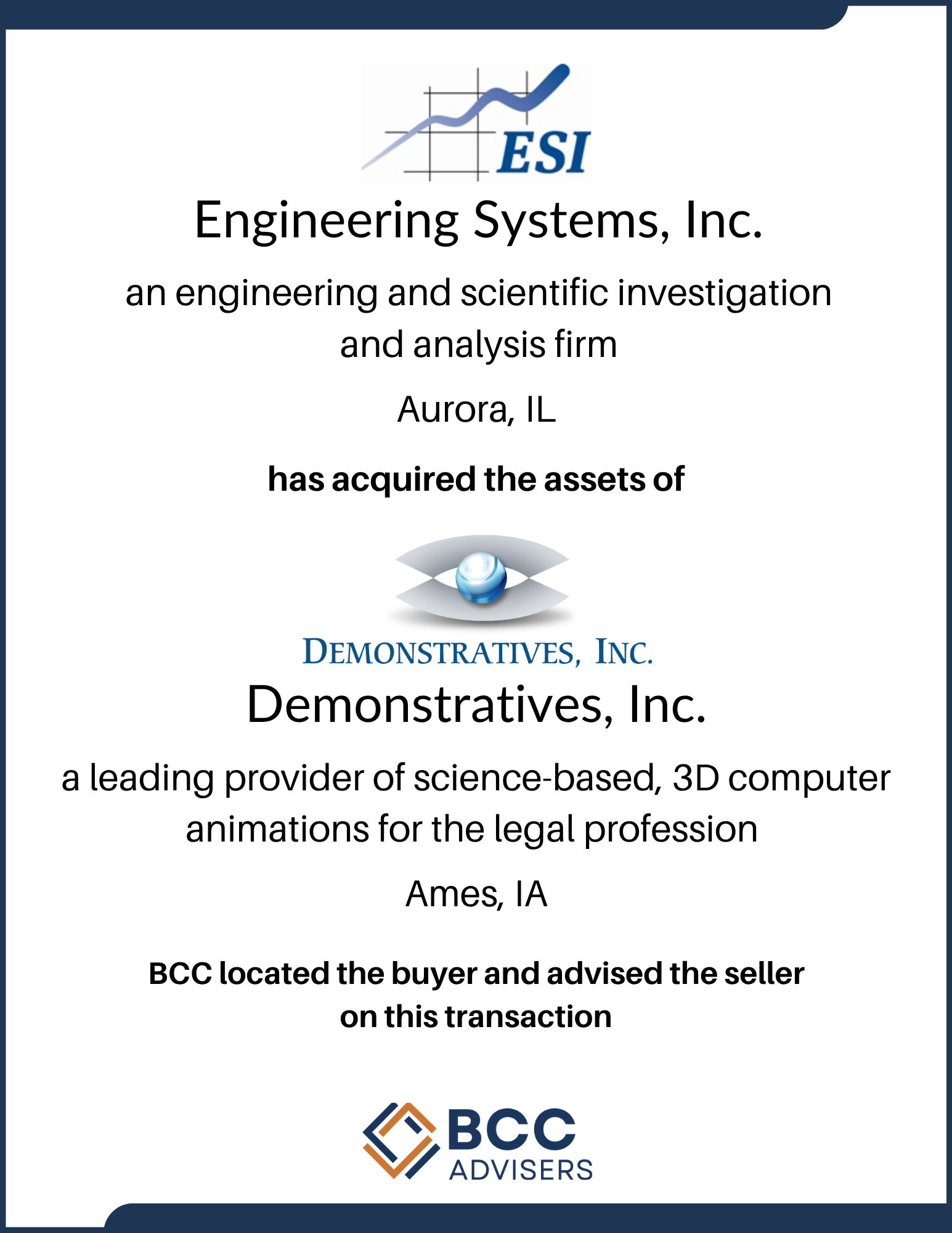 Certificate of asset acquisition issued to Engineering Systems, Inc. by BCC Advisers, featuring a logo with a globe and a blue and orange geometric pattern, and contact information in Ames, IA.