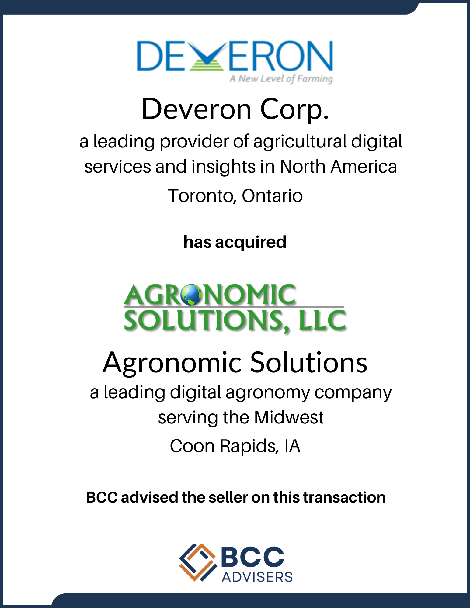 Certificate of achievement issued to Agronomic Solutions LLC by Deveron Corp., a digital agriculture company serving the Midwest, located in Coon Rapids, Iowa, with BCC Advisers' logo at the bottom.