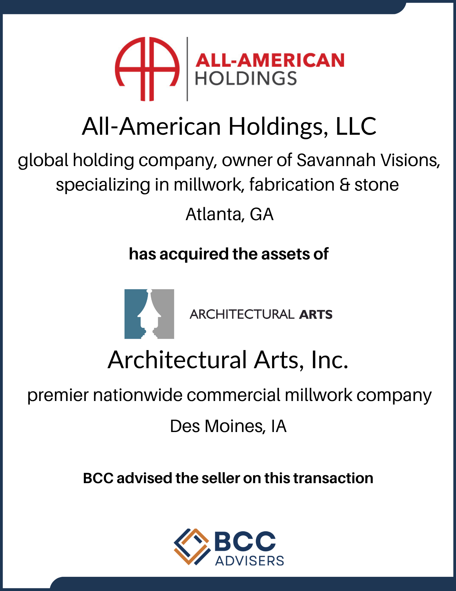 Business transaction document from BCC Advisers indicating the acquisition of assets by All-American Holdings, LLC, a company based in Atlanta, Georgia, specializing in millwork, fabrication, and stone, including BCC adviser's notice to the seller.